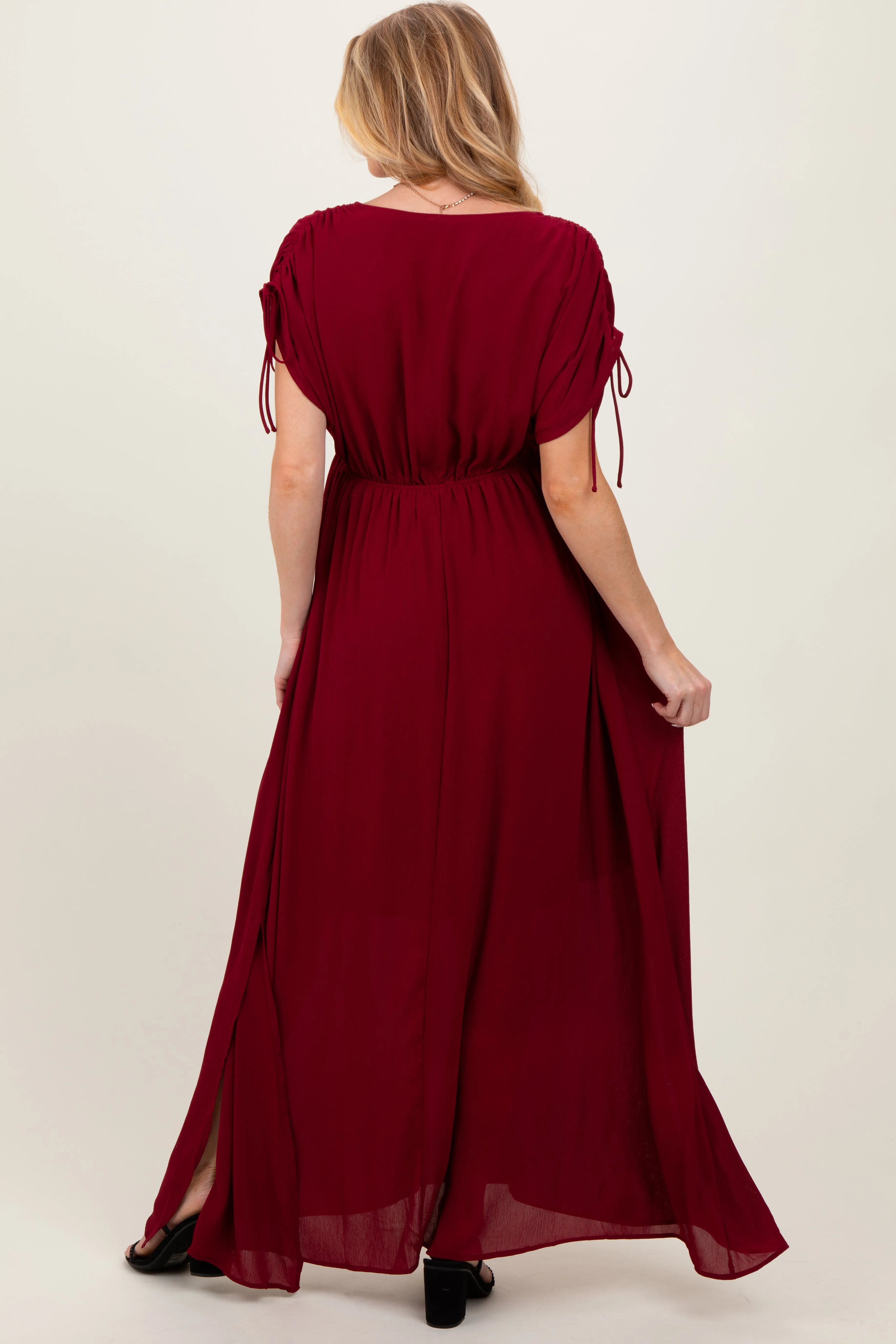 Burgundy V-Neck Drawstring Short Sleeve Side Slit Maternity Maxi Dress sold by Pinkblush product image thumbnail 4