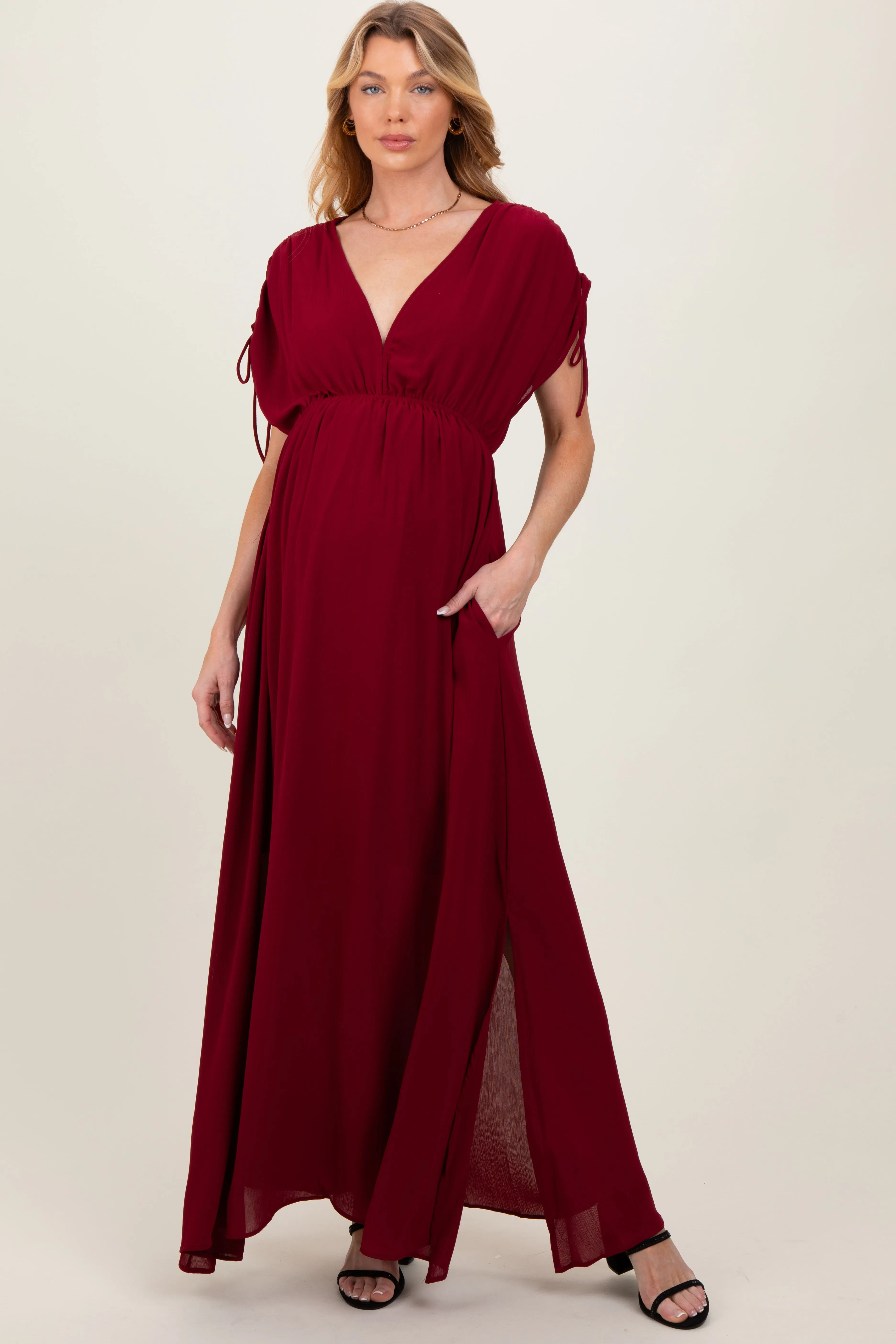 Burgundy V-Neck Drawstring Short Sleeve Side Slit Maternity Maxi Dress sold by Pinkblush