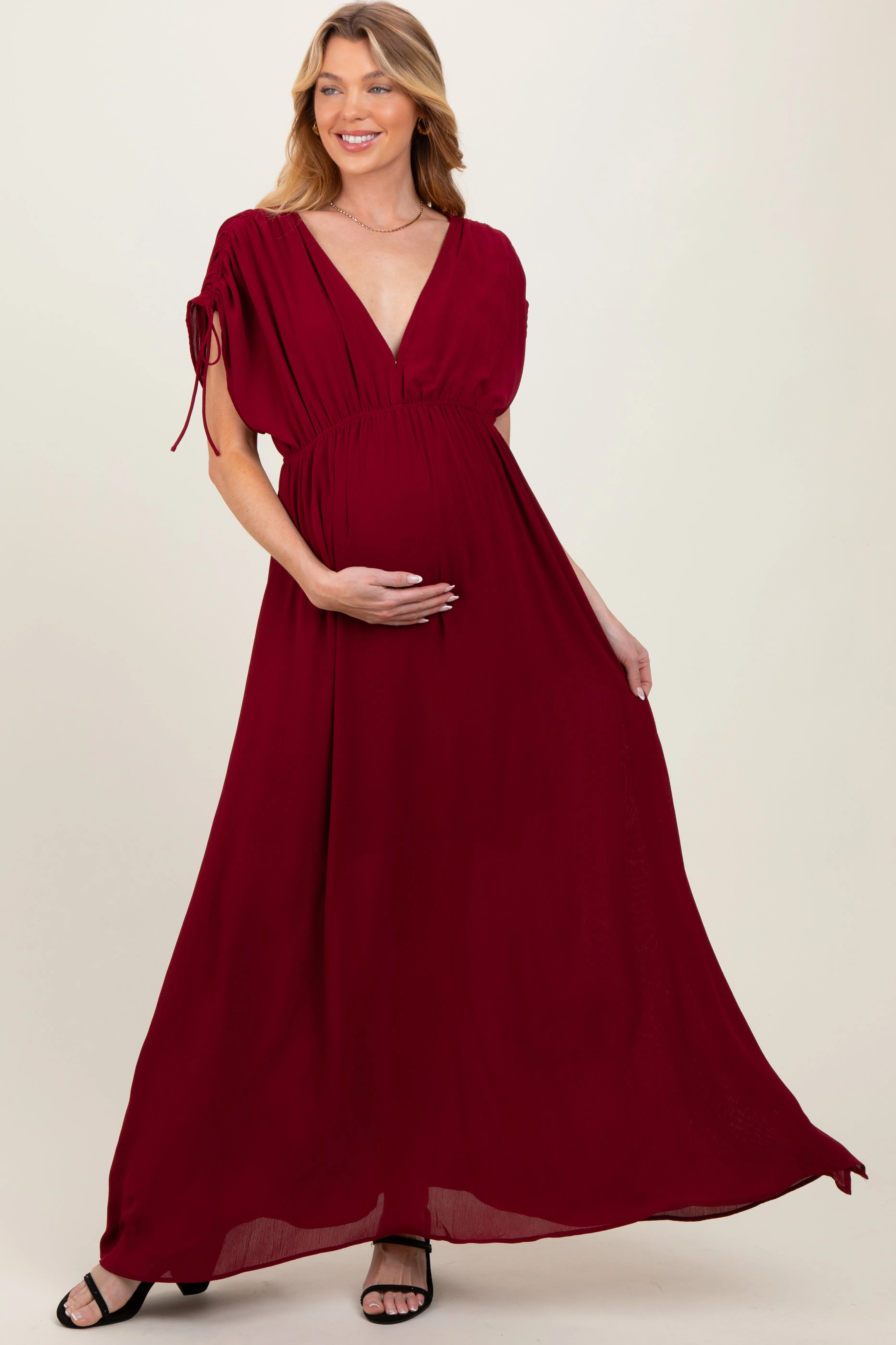 Burgundy V-Neck Drawstring Short Sleeve Side Slit Maternity Maxi Dress sold by Pinkblush product image thumbnail 2