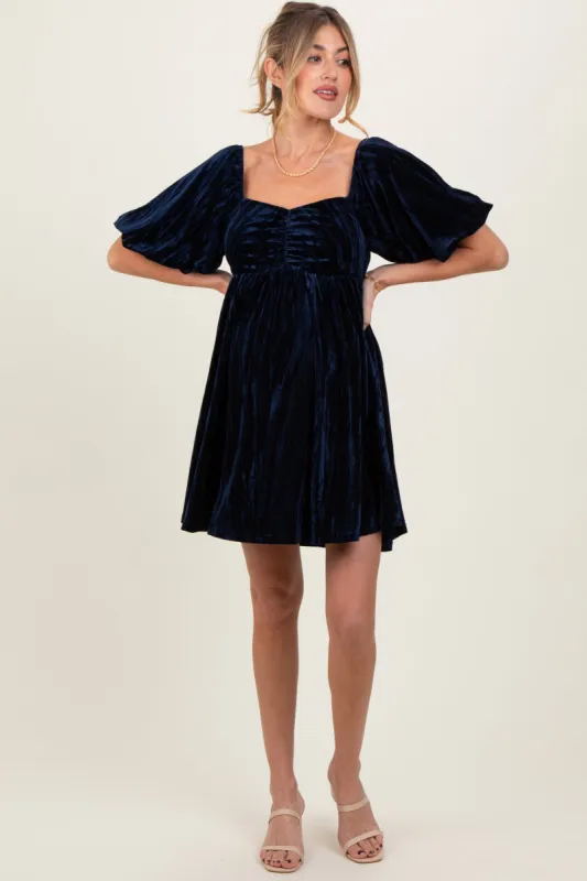 Navy Crushed Velvet Puff Sleeve Maternity Mini Dress sold by Pinkblush