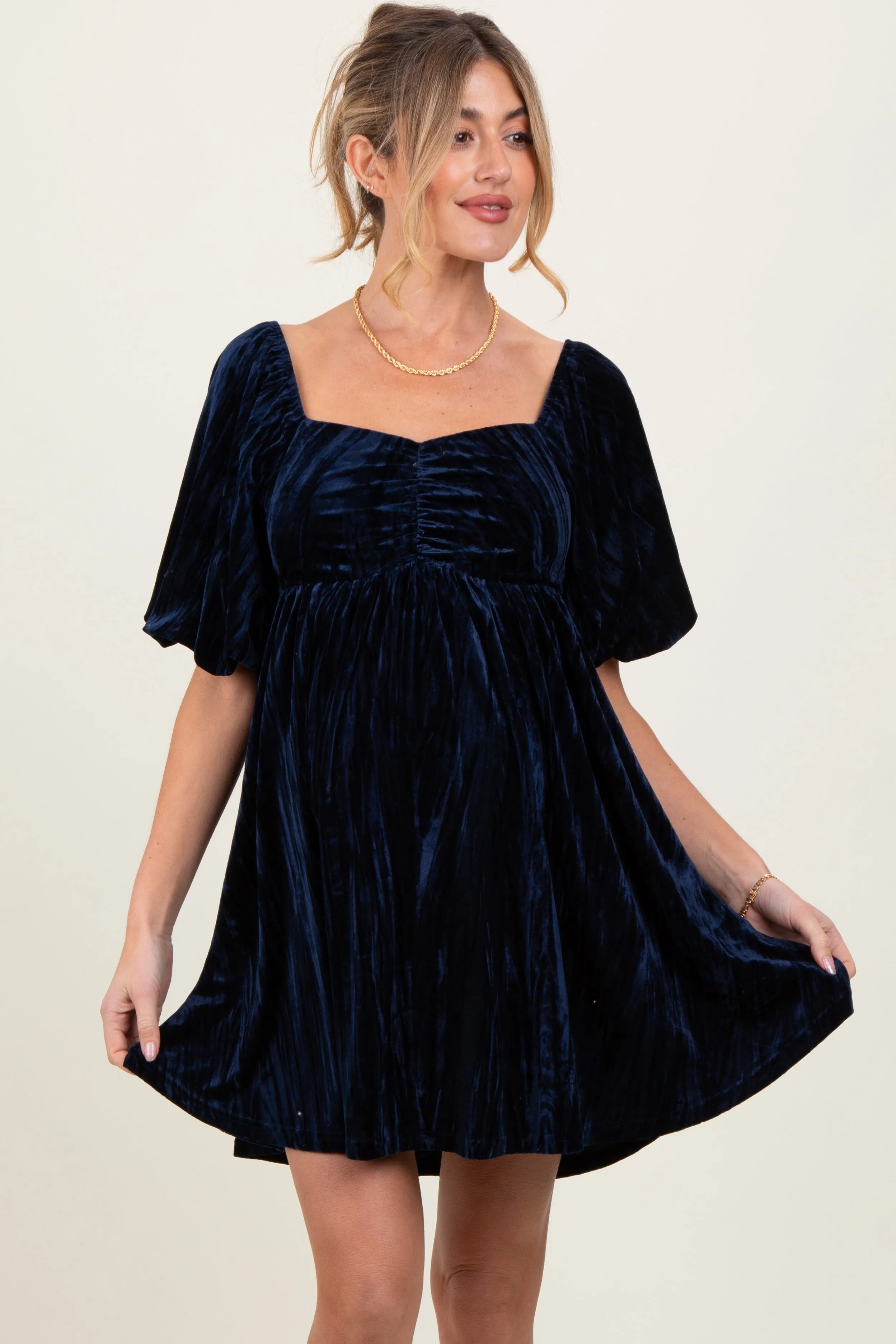 Navy Crushed Velvet Puff Sleeve Maternity Mini Dress sold by Pinkblush product image thumbnail 2