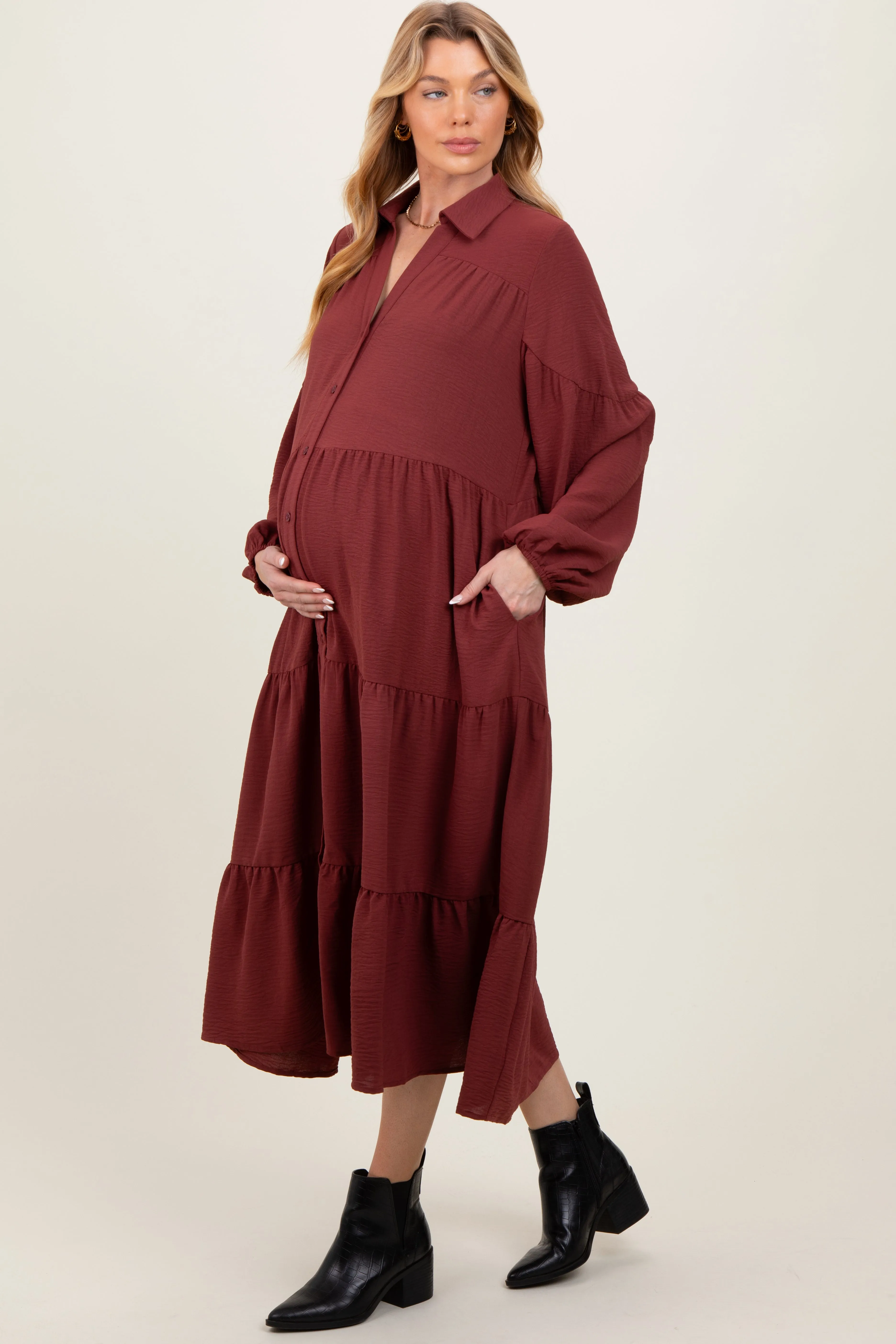 Rust Tiered Button Down Long Sleeve Maternity Maxi Dress sold by Pinkblush product image thumbnail 2