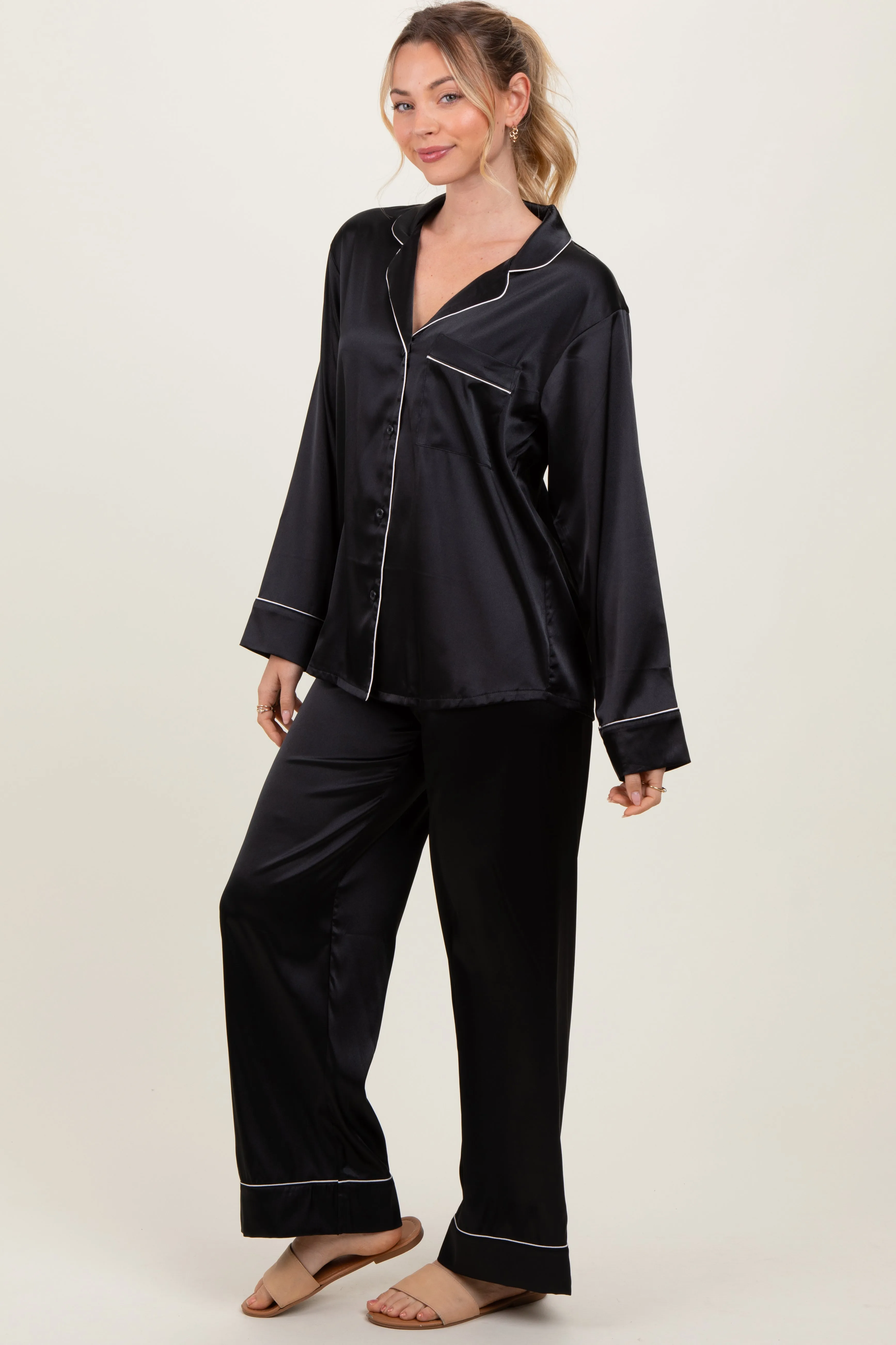 Black Satin Contrast Trim Long Sleeve Pajama Set sold by Pinkblush product image thumbnail 3