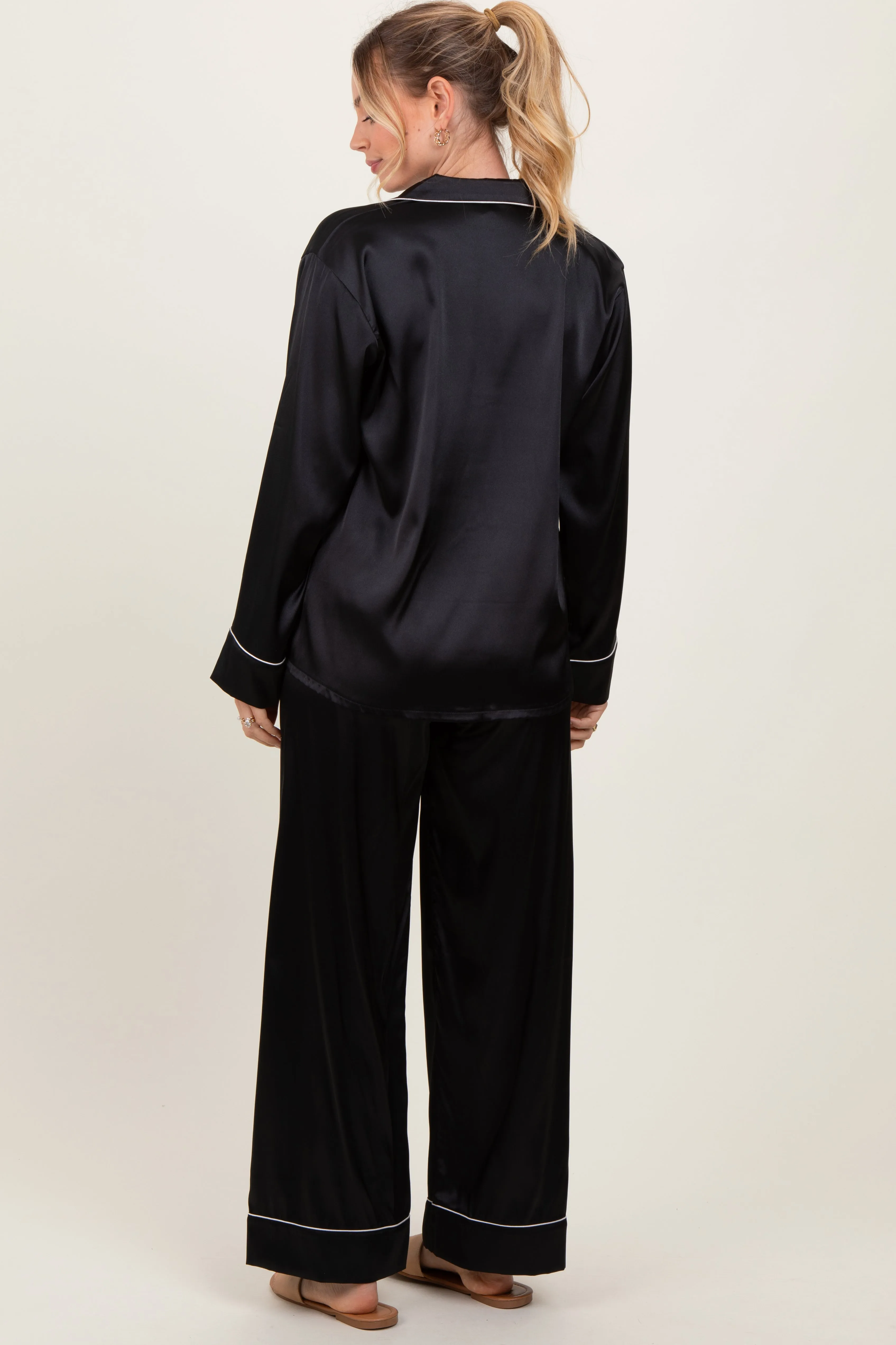 Black Satin Contrast Trim Long Sleeve Pajama Set sold by Pinkblush product image thumbnail 4