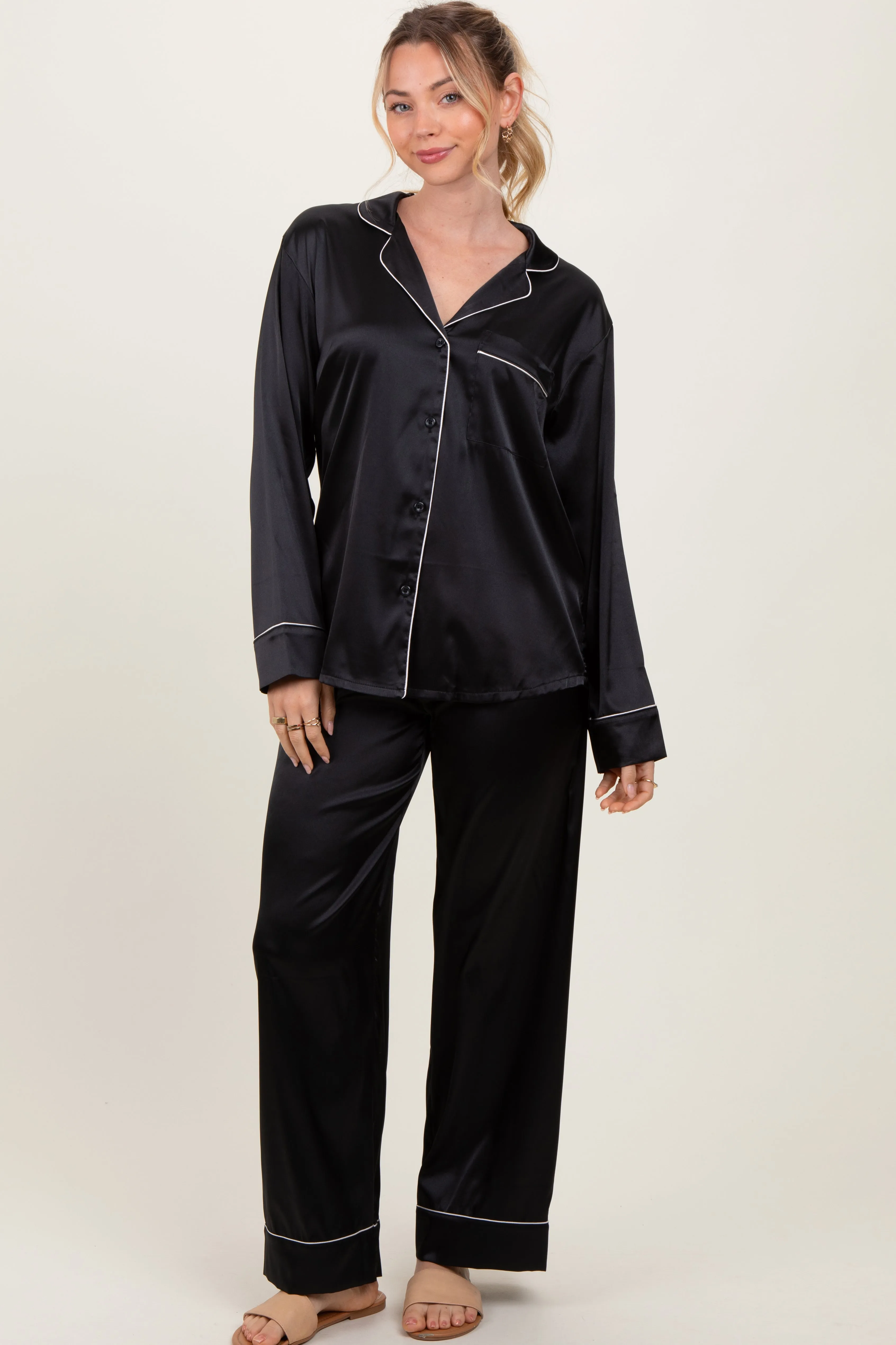 Black Satin Contrast Trim Long Sleeve Pajama Set sold by Pinkblush