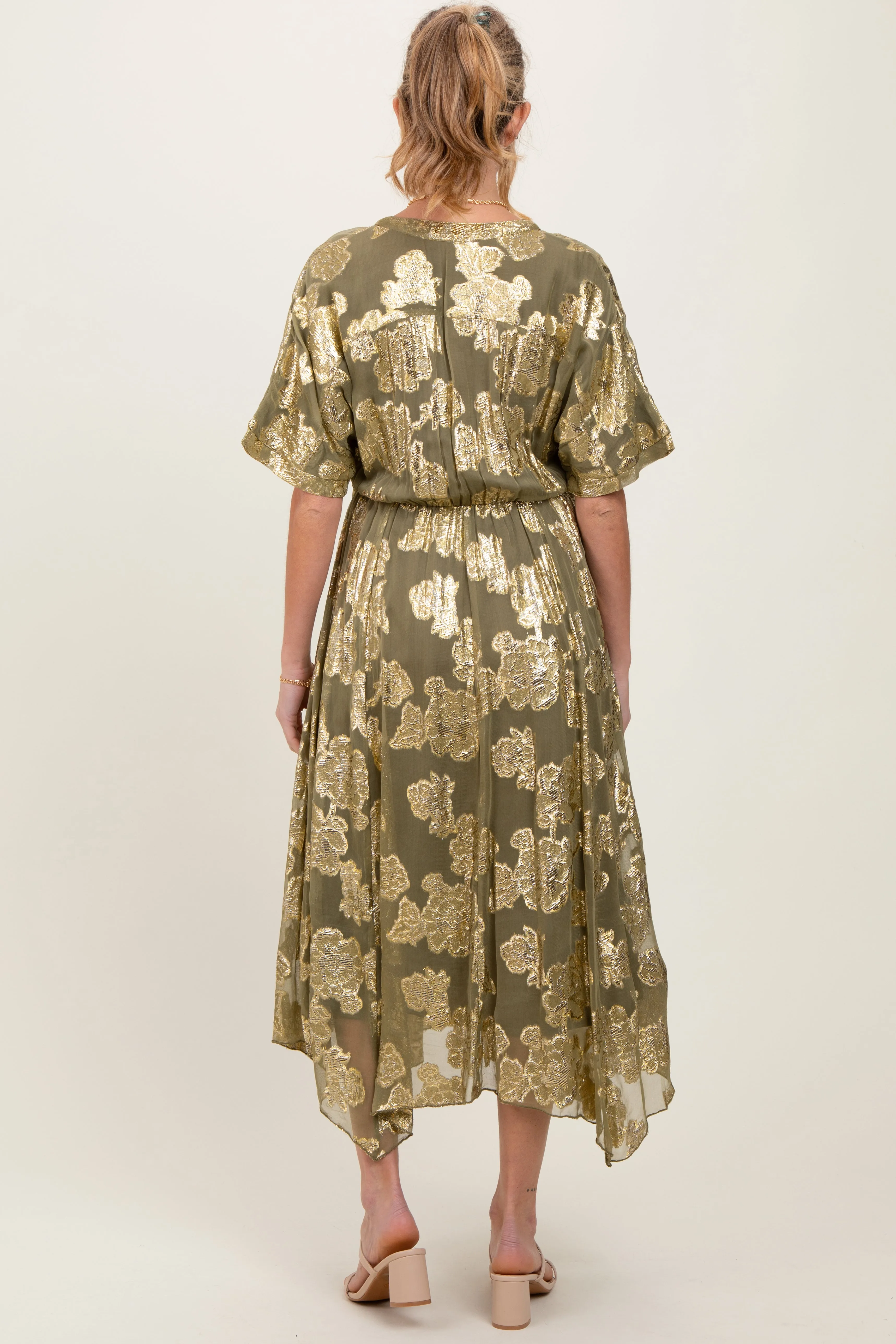 Olive Metallic Floral Jacquard Overlay Maternity Maxi Dress sold by Pinkblush product image thumbnail 3