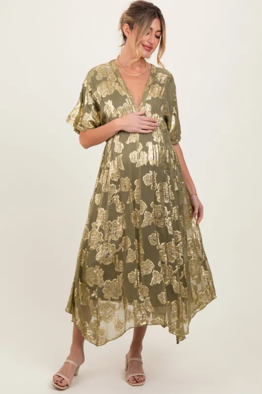 Olive Metallic Floral Jacquard Overlay Maternity Maxi Dress sold by Pinkblush