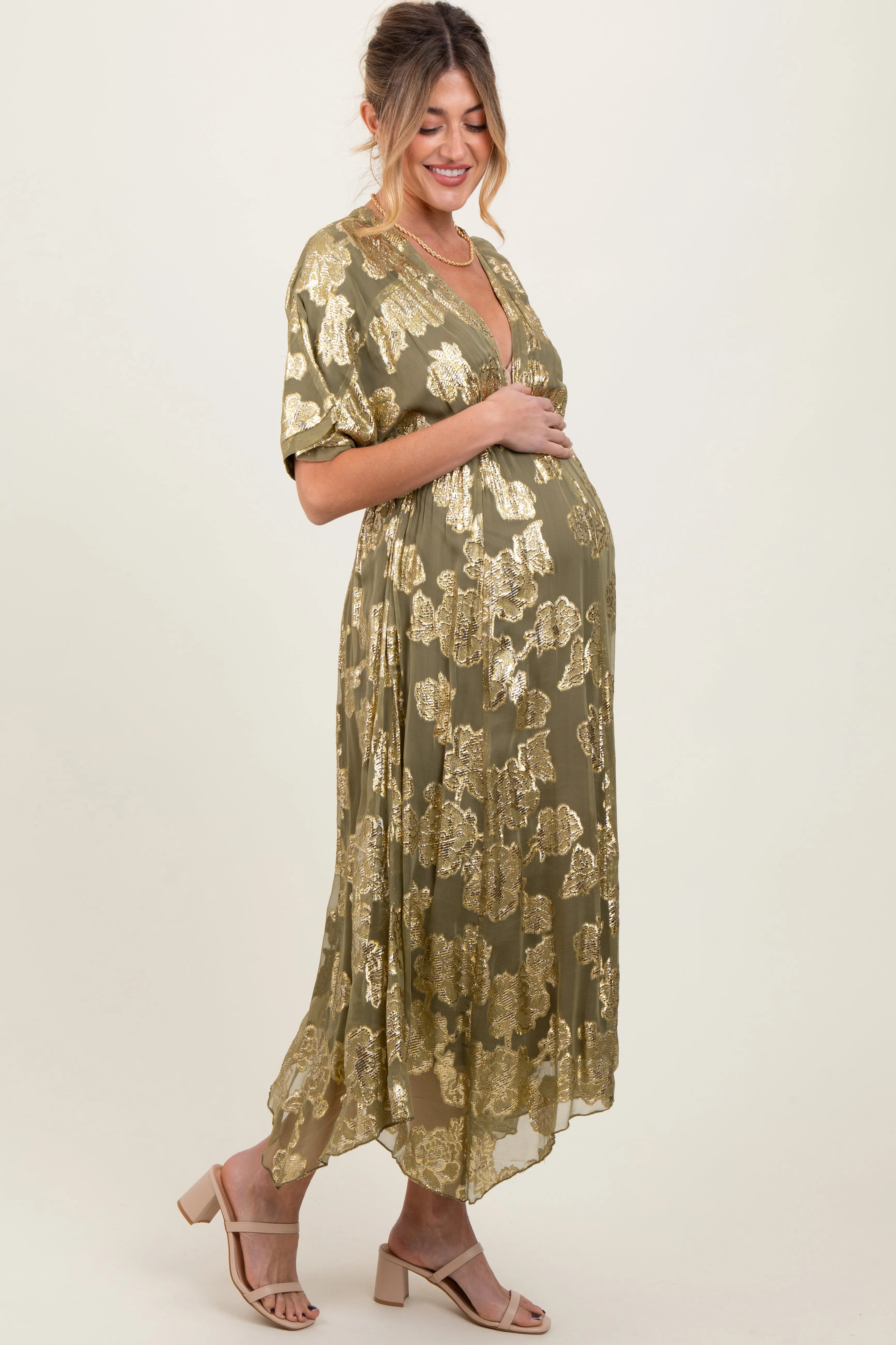 Olive Metallic Floral Jacquard Overlay Maternity Maxi Dress sold by Pinkblush product image thumbnail 2
