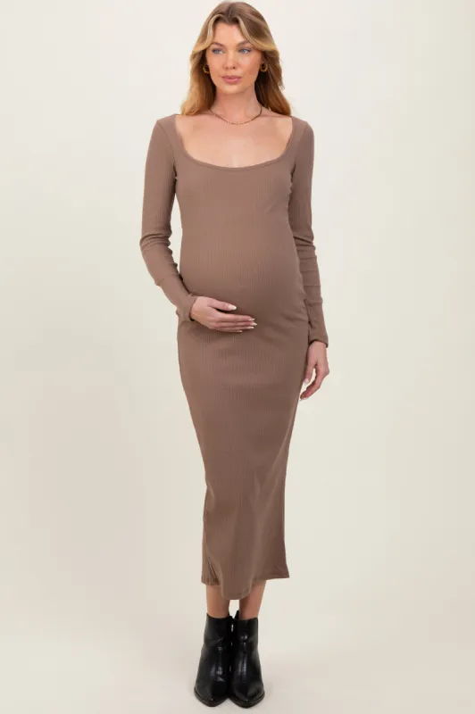 Taupe Square Neck Rib Long Sleeve Maternity Maxi Dress sold by Pinkblush