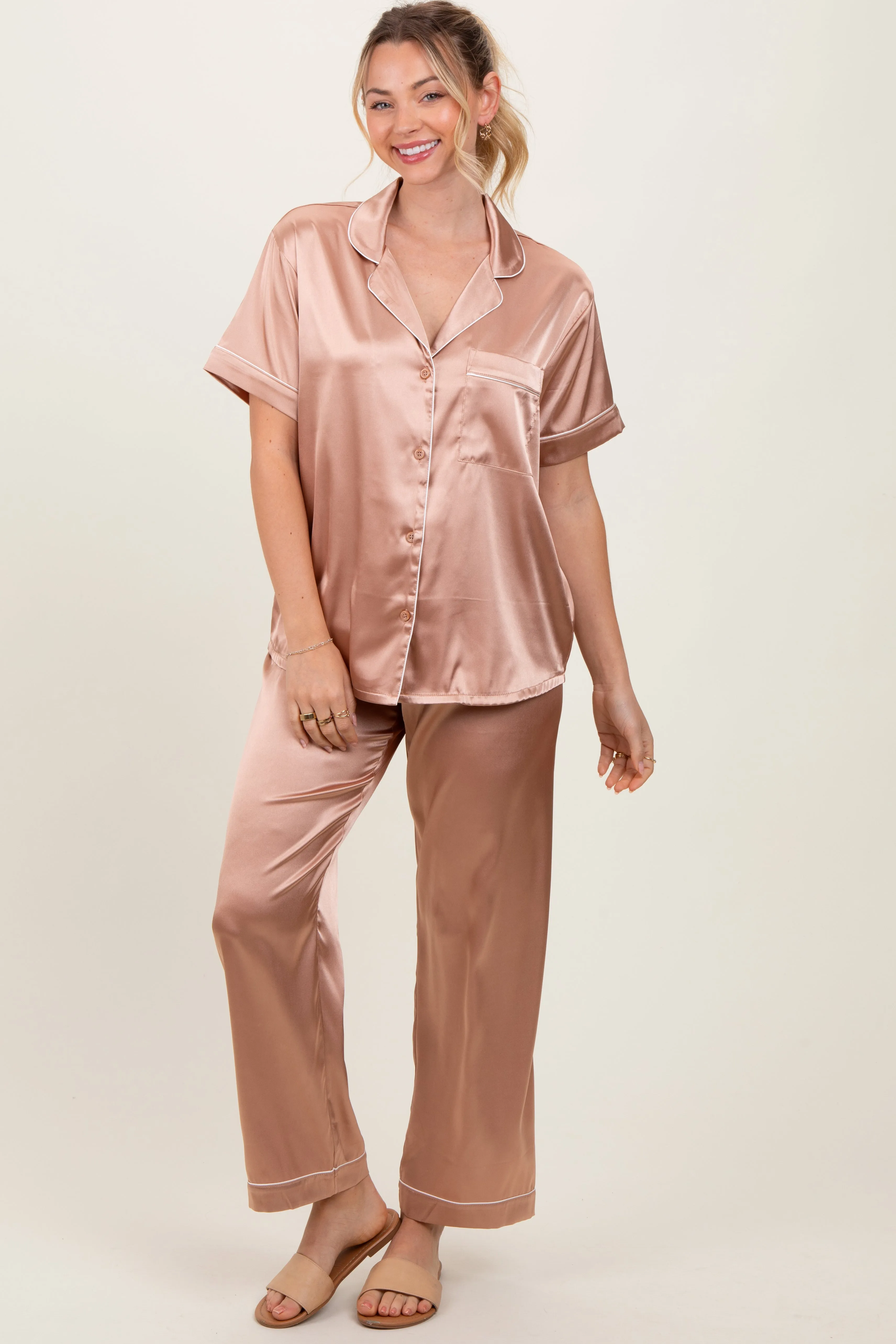 Gold Satin Contrast Trim Pajama Set sold by Pinkblush