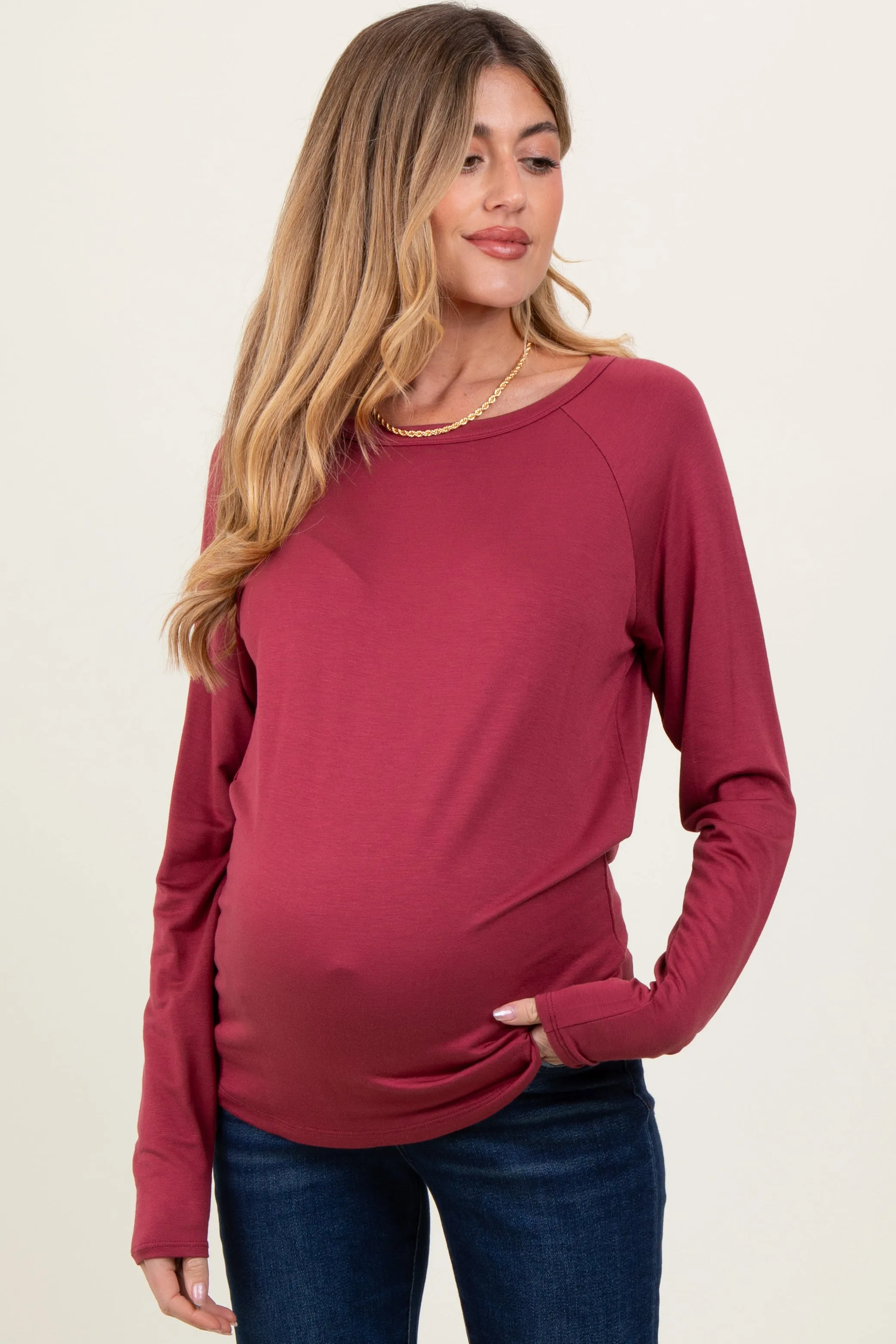 Burgundy Basic Boatneck Maternity Long Sleeve Top sold by Pinkblush