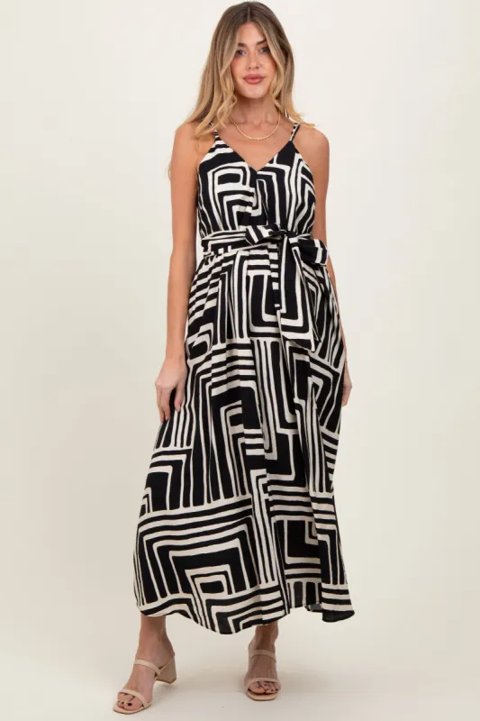 Black Geometric Print Sash Tie Maternity Maxi Dress made by Dress Forum