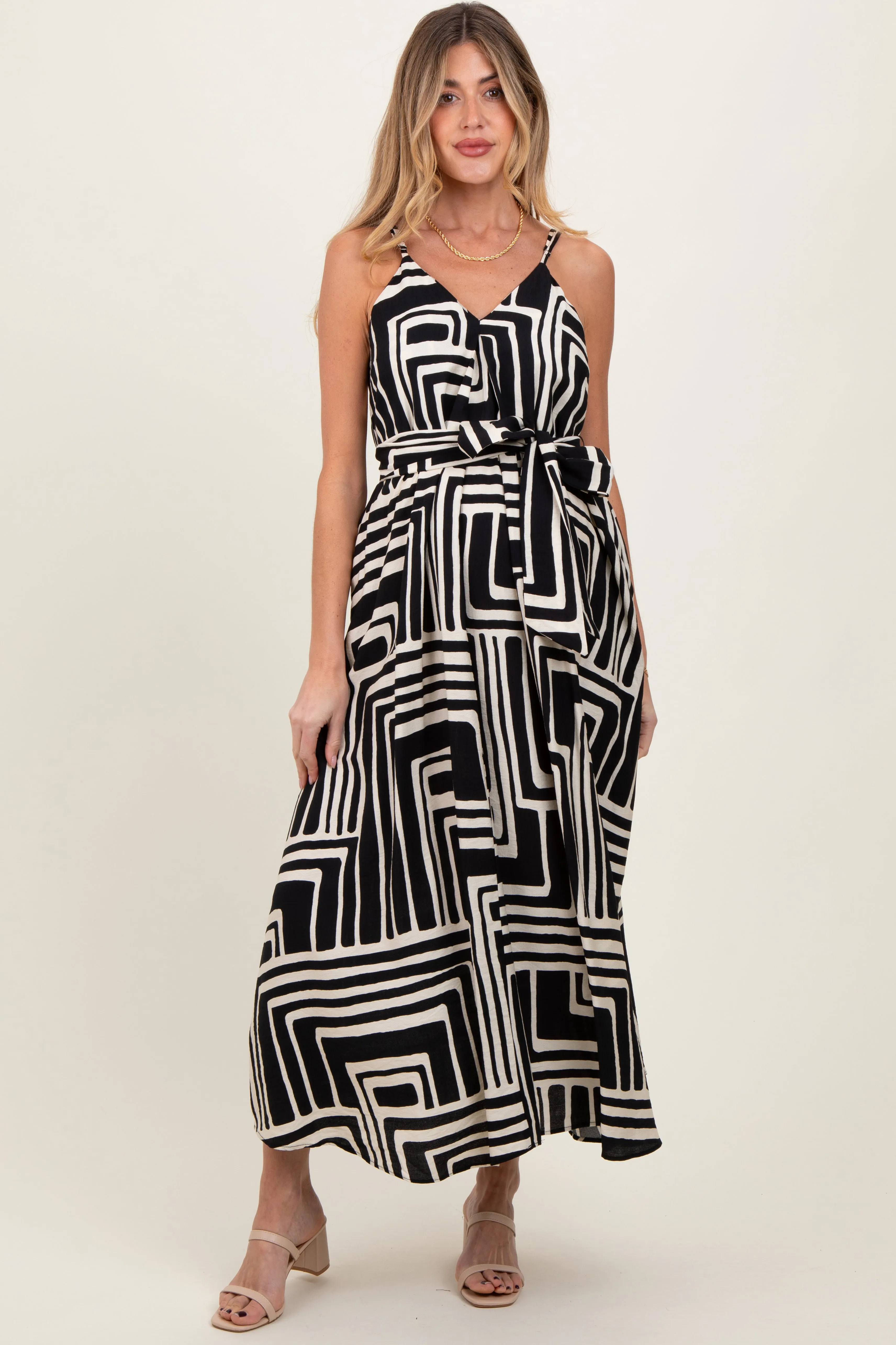 Black Geometric Print Sash Tie Maternity Maxi Dress sold by Pinkblush