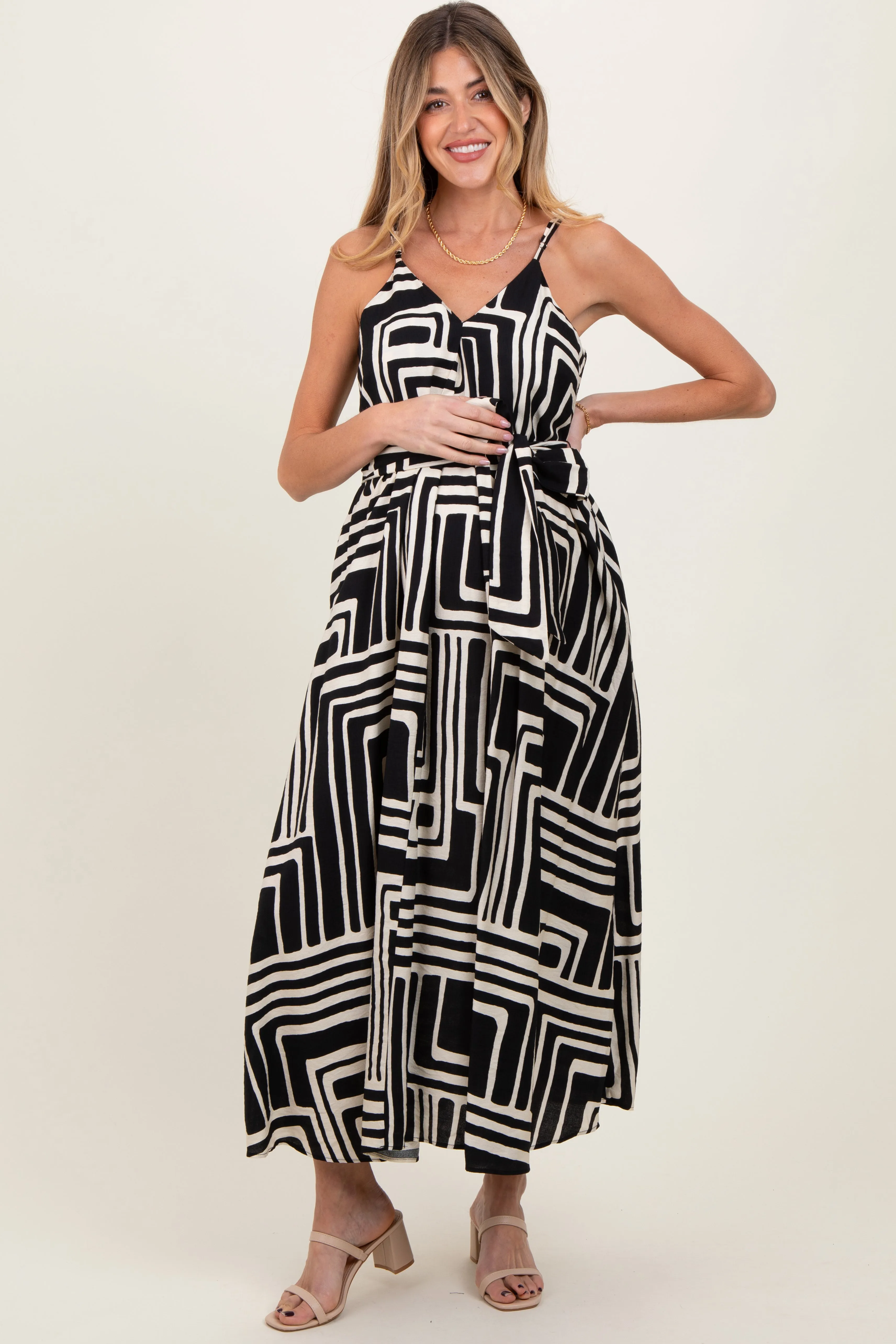 Black Geometric Print Sash Tie Maternity Maxi Dress sold by Pinkblush product image thumbnail 2