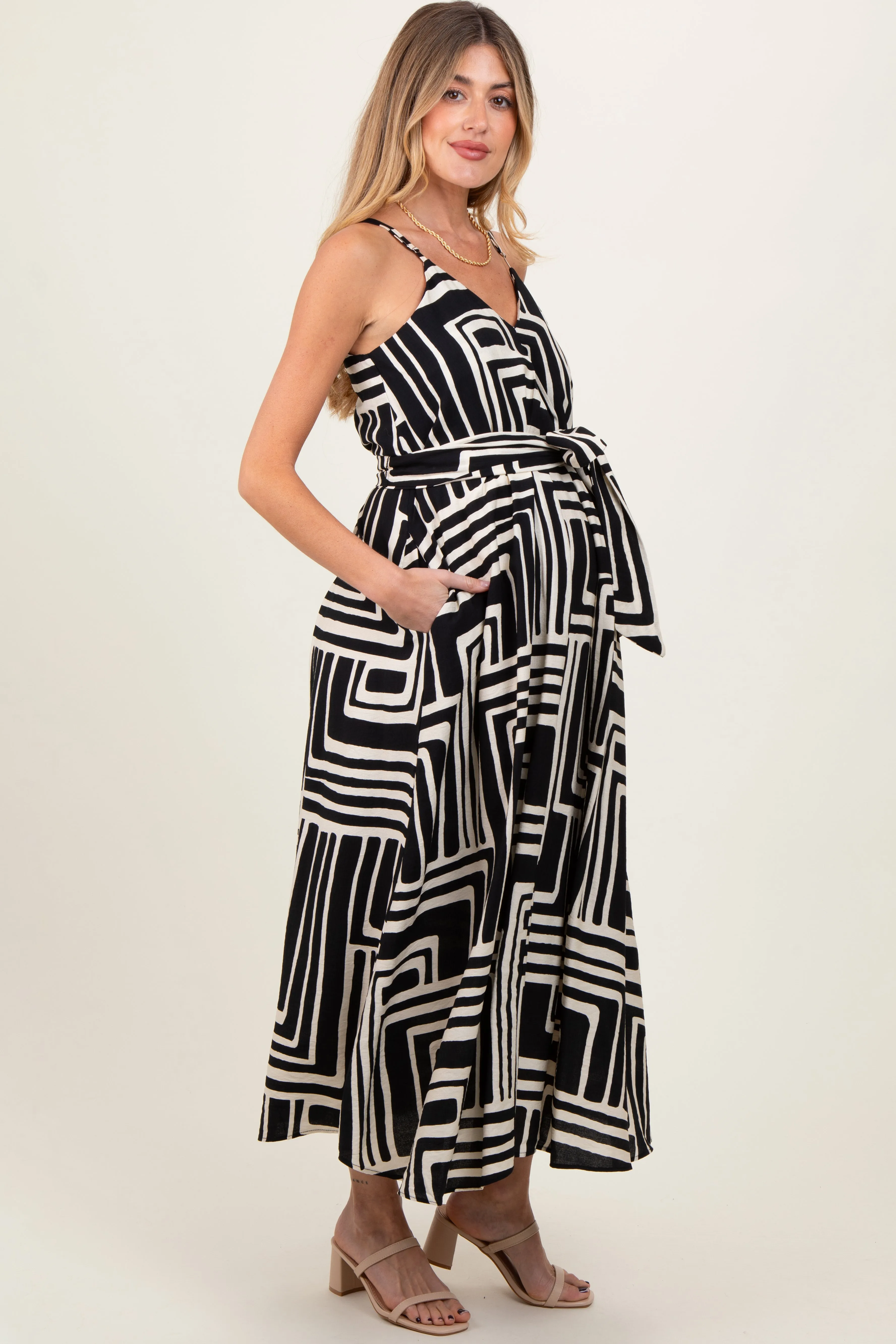 Black Geometric Print Sash Tie Maternity Maxi Dress sold by Pinkblush product image thumbnail 3