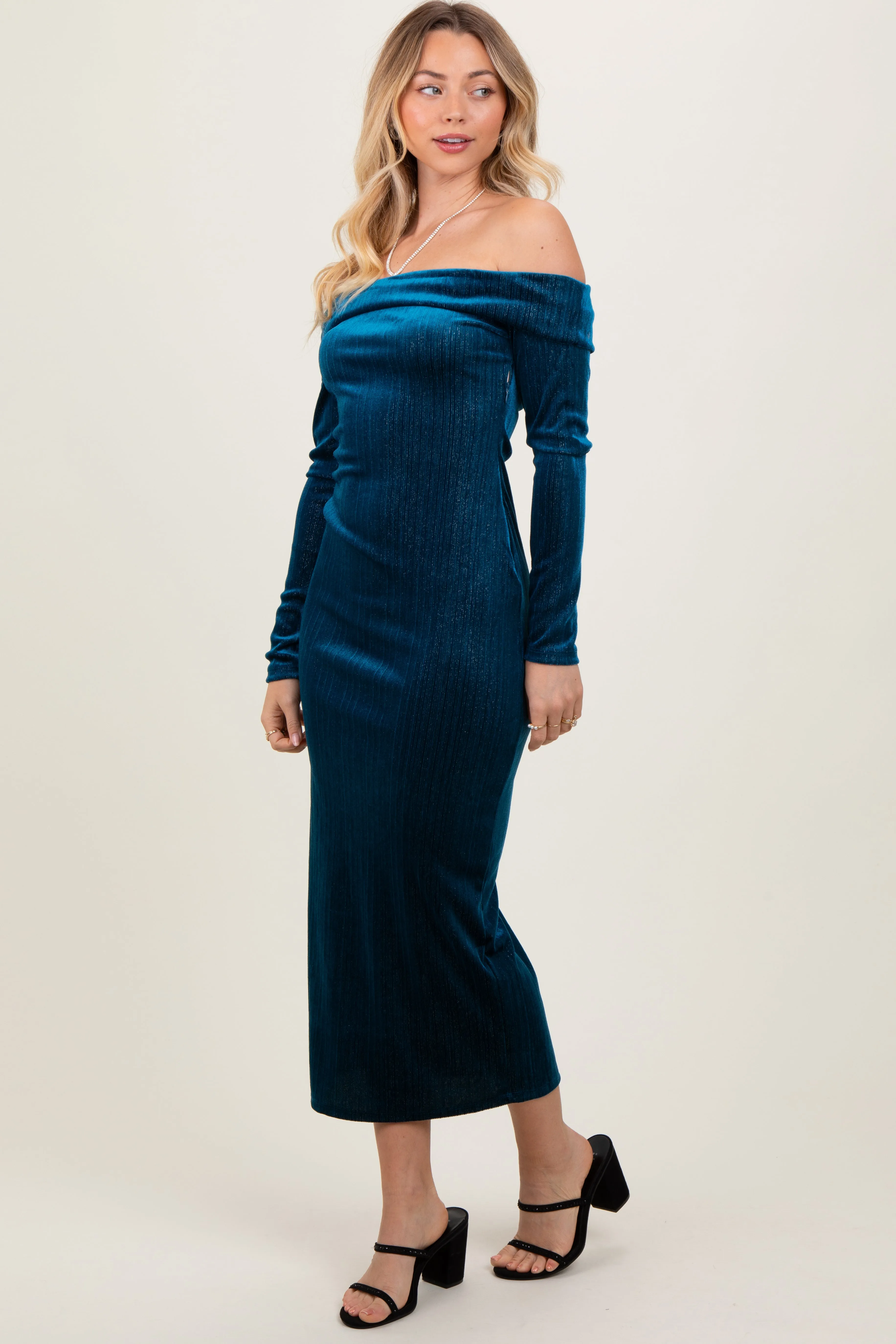 Teal Shiny Velour Off Shoulder Midi Dress sold by Pinkblush product image thumbnail 2
