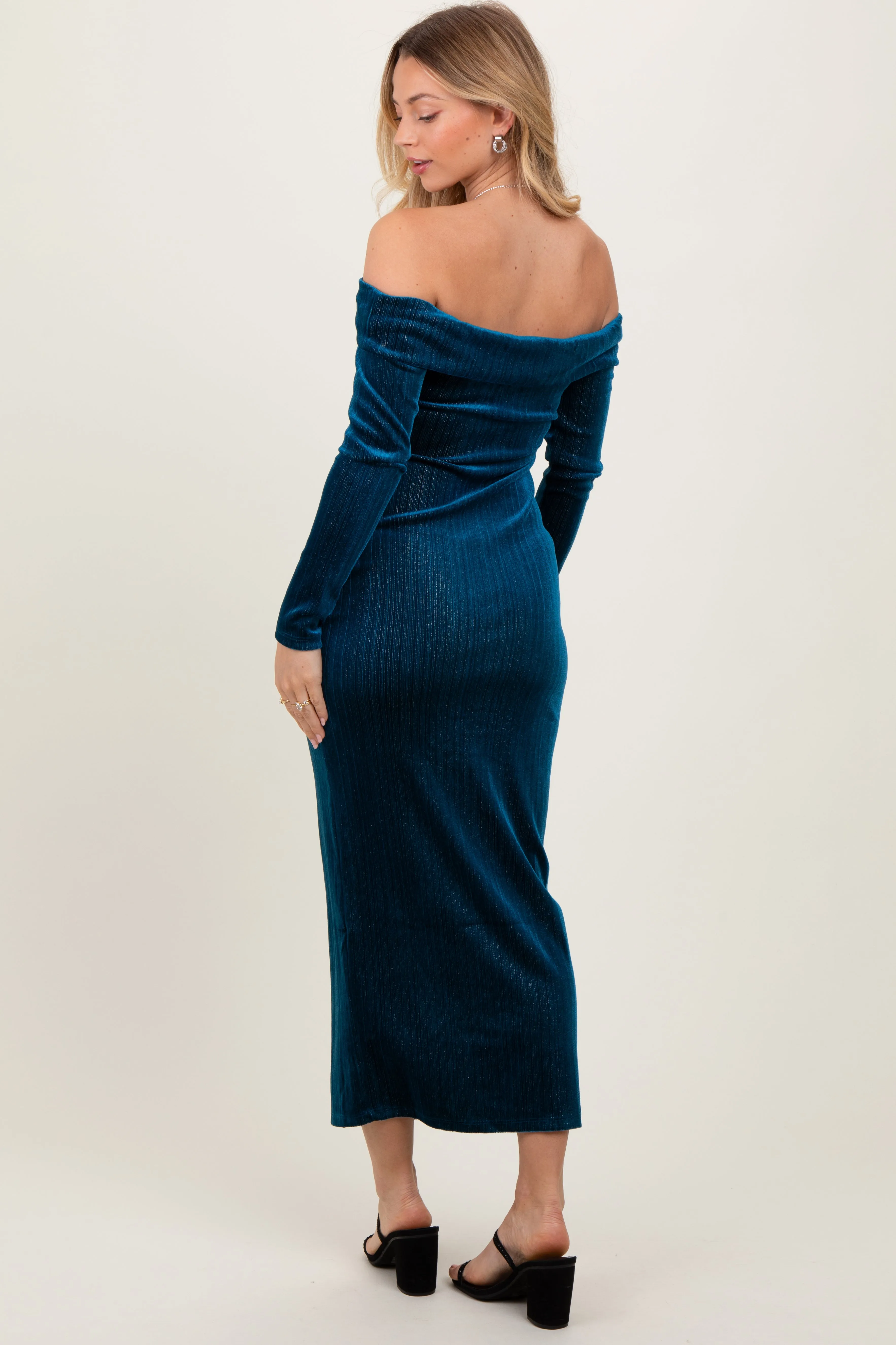Teal Shiny Velour Off Shoulder Midi Dress sold by Pinkblush product image thumbnail 3