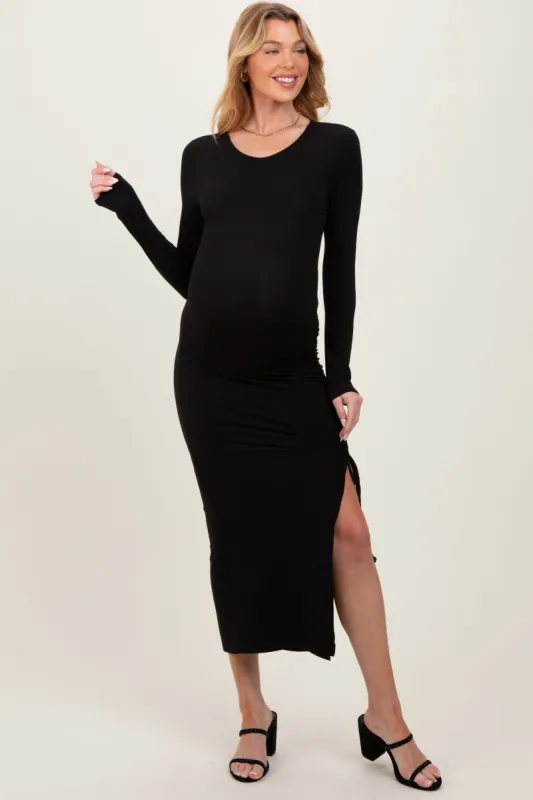 Black Ruched Tie Side Slit Maternity Midi Dress sold by Pinkblush
