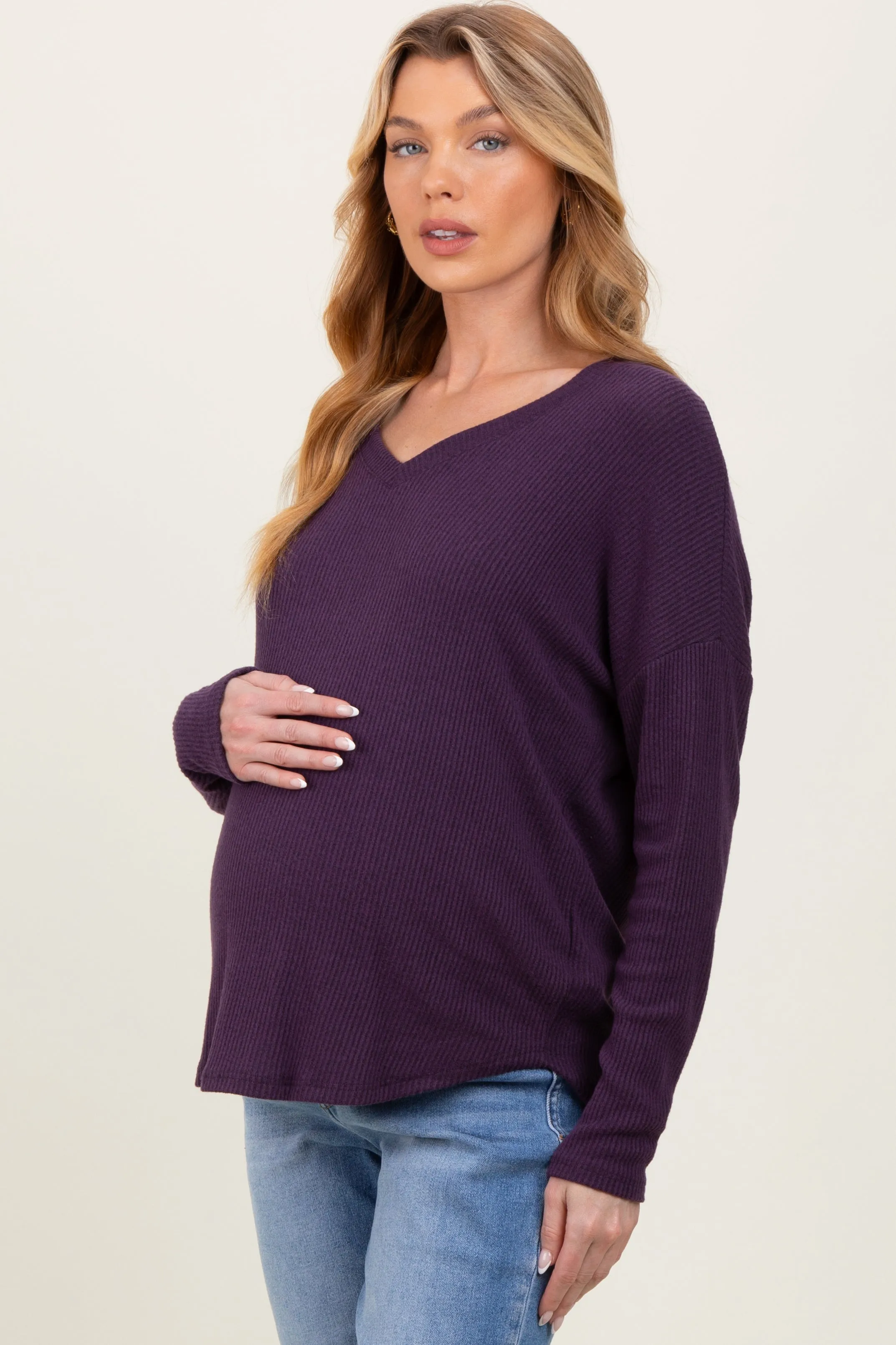 Purple Basic Brushed Rib V-Neck Maternity Top sold by Pinkblush product image thumbnail 2