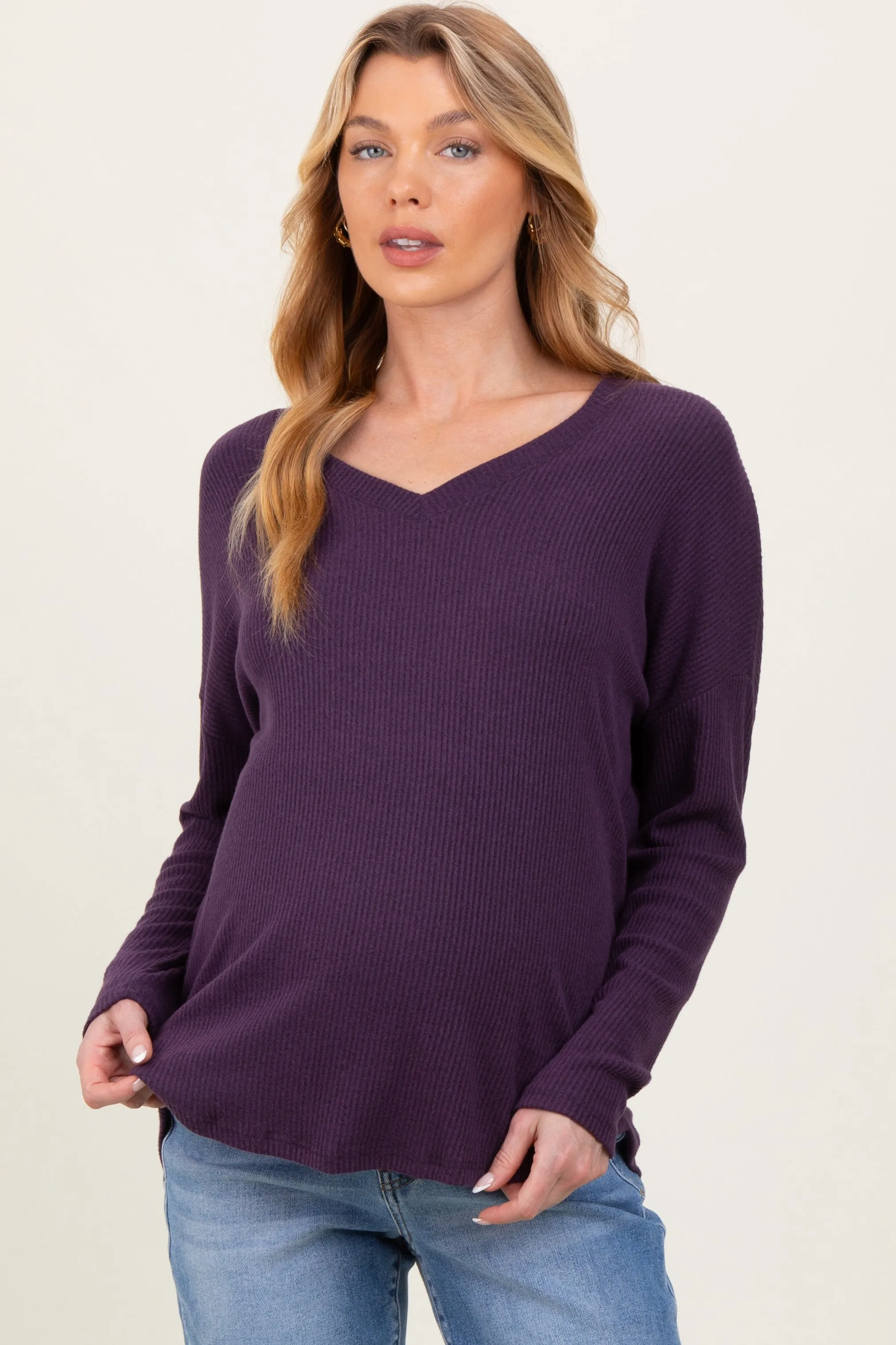 Purple Basic Brushed Rib V-Neck Maternity Top sold by Pinkblush