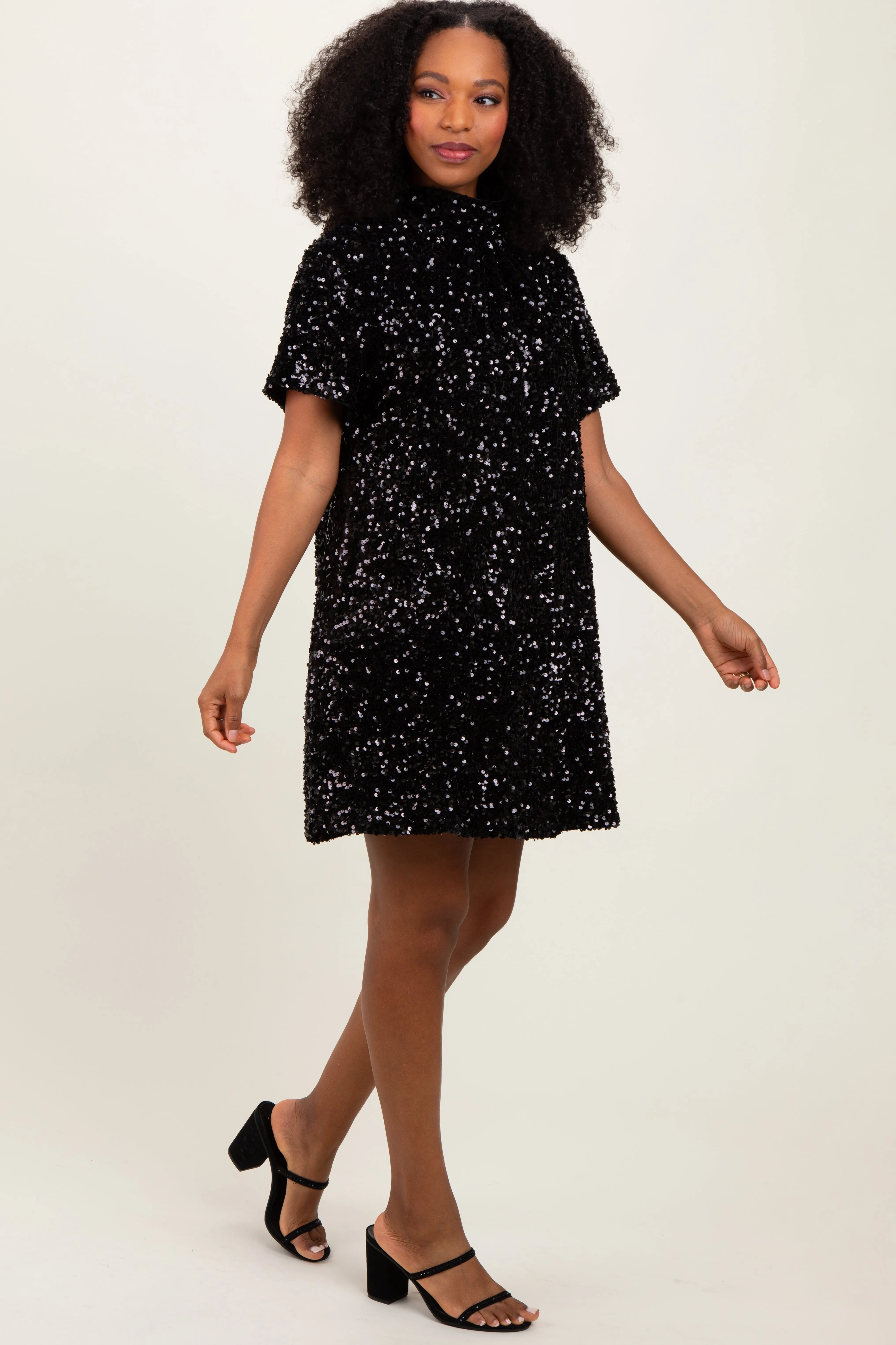 Black Sequin Mock Neck Tie Back Dress sold by Pinkblush