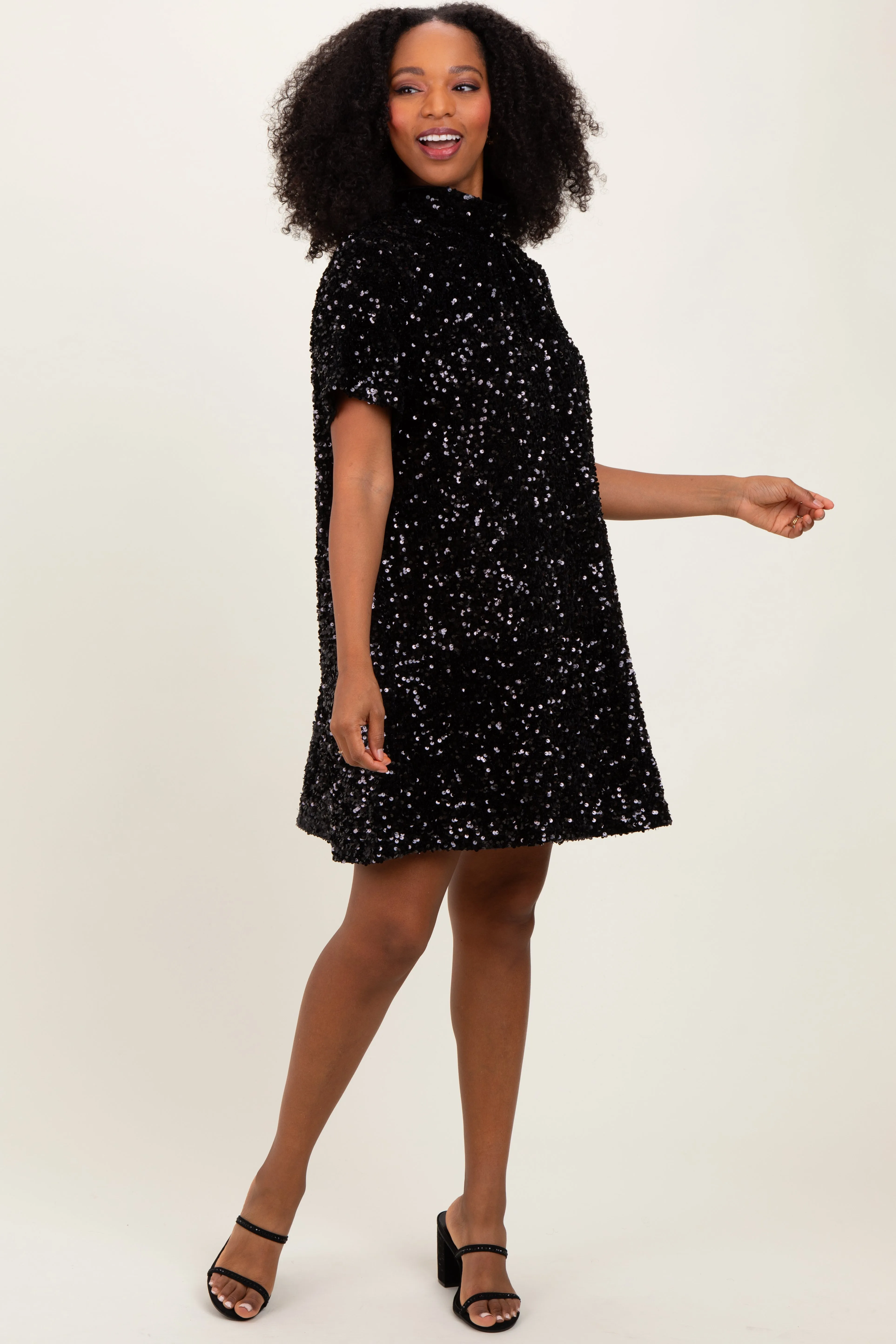 Black Sequin Mock Neck Tie Back Dress sold by Pinkblush product image thumbnail 2