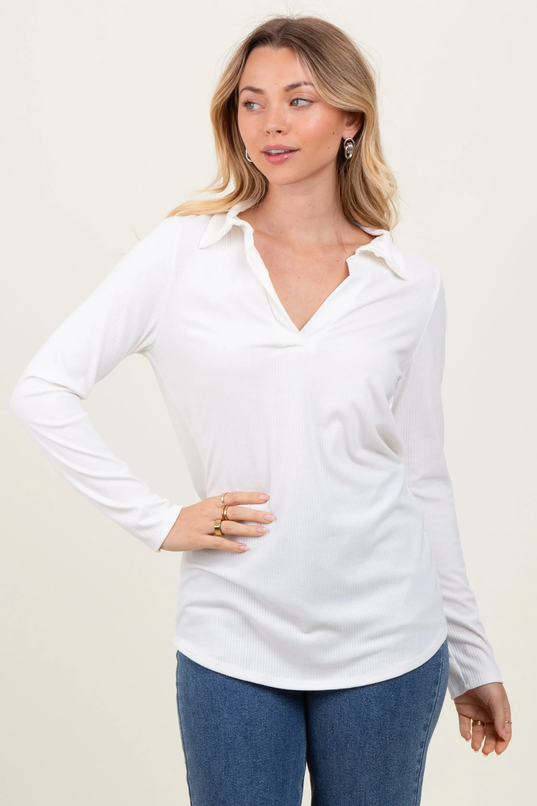 Ivory Ribbed Collared Long Sleeve Top sold by Pinkblush