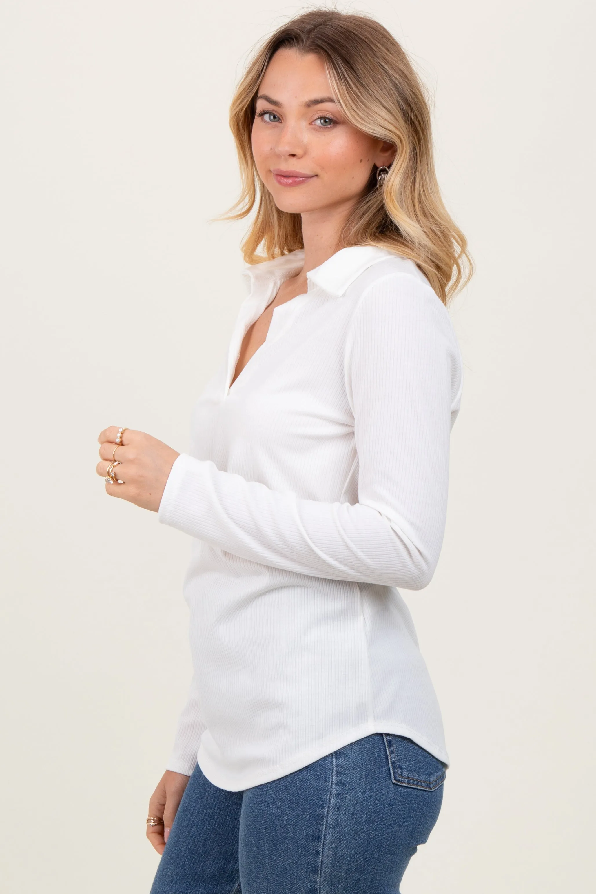 Ivory Ribbed Collared Long Sleeve Top sold by Pinkblush product image thumbnail 2