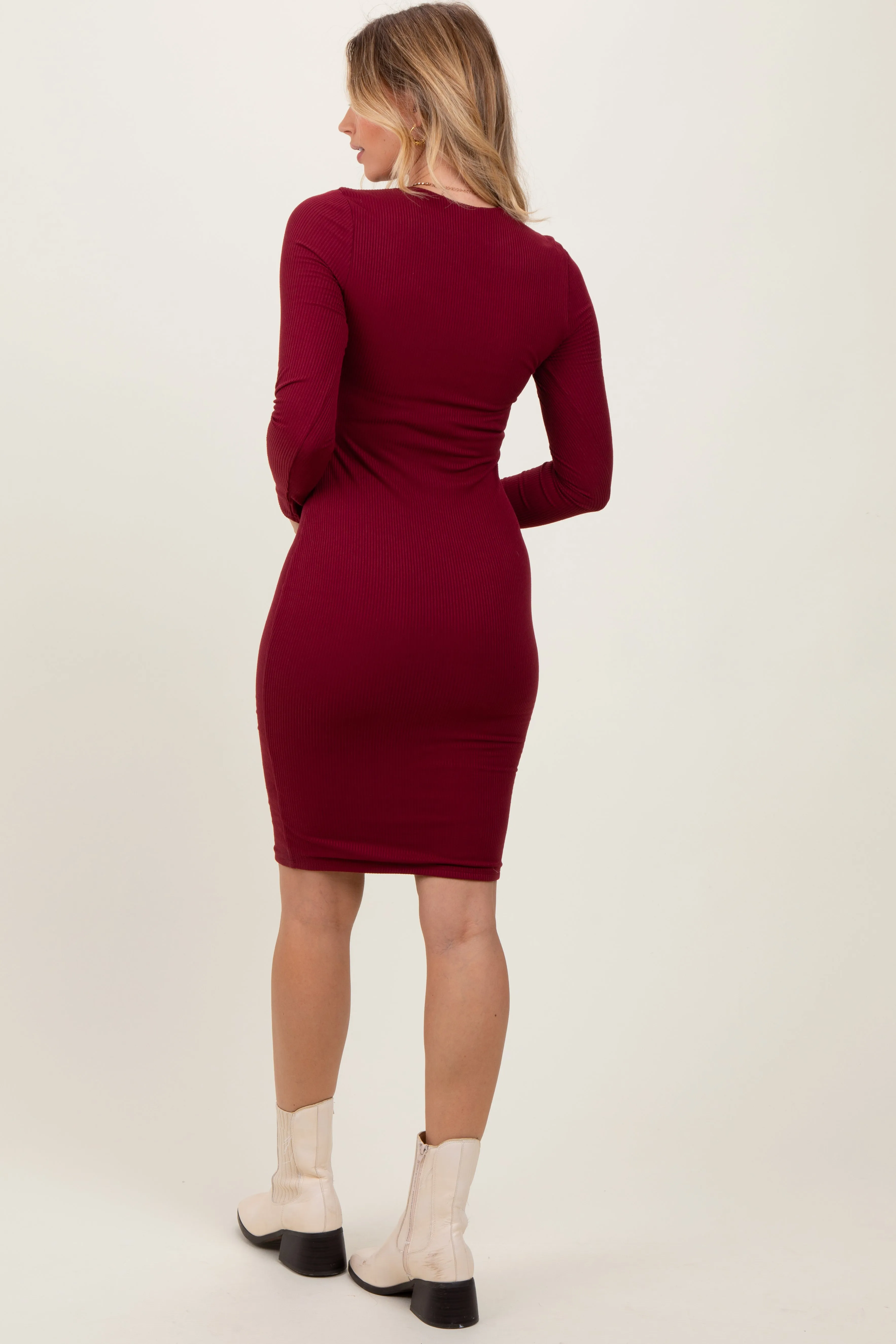 Burgundy Crew Neck Double Layered Rib Mini Dress sold by Pinkblush product image thumbnail 4