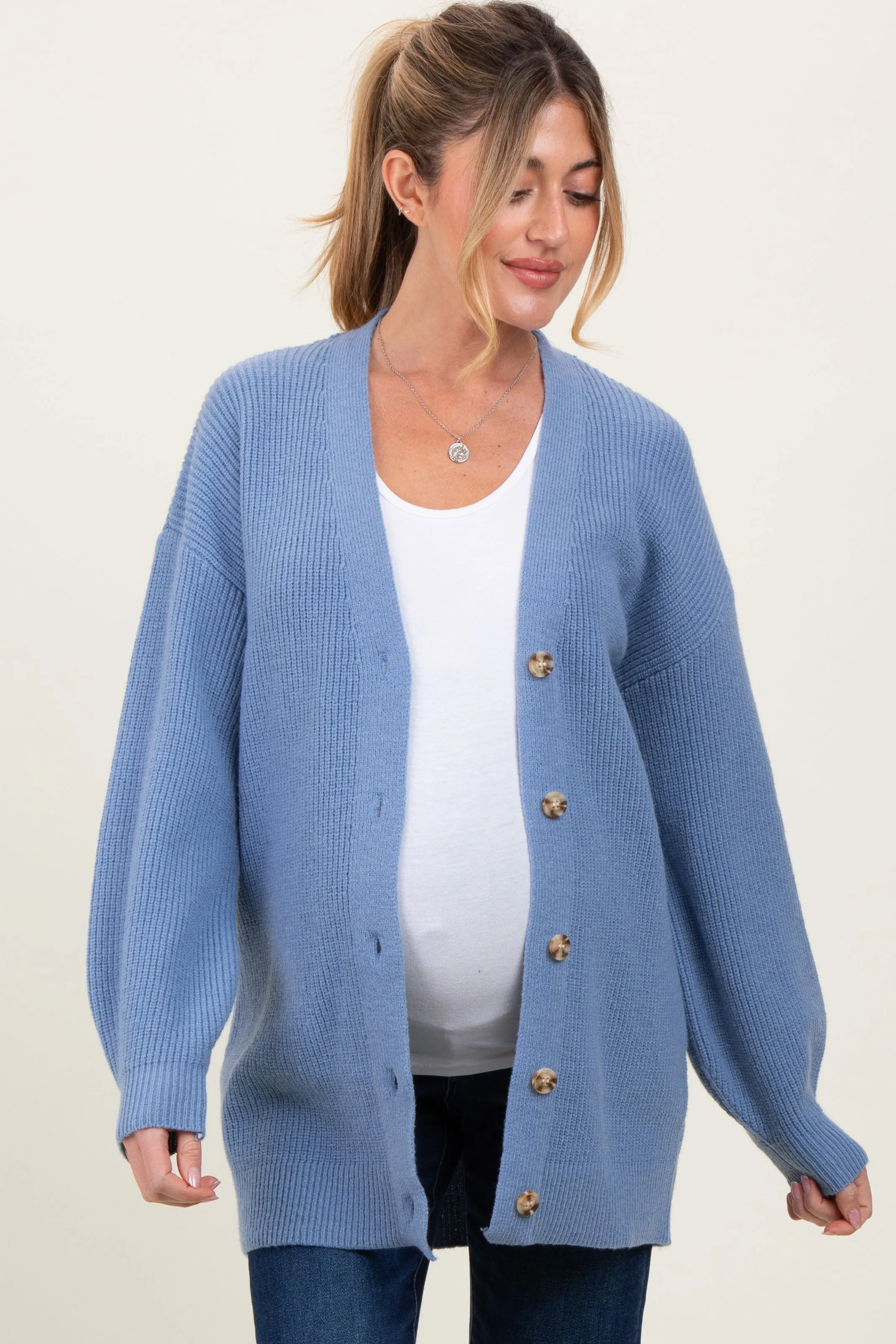 Blue Knit Oversized Button Down V-Neck Maternity Cardigan sold by Pinkblush