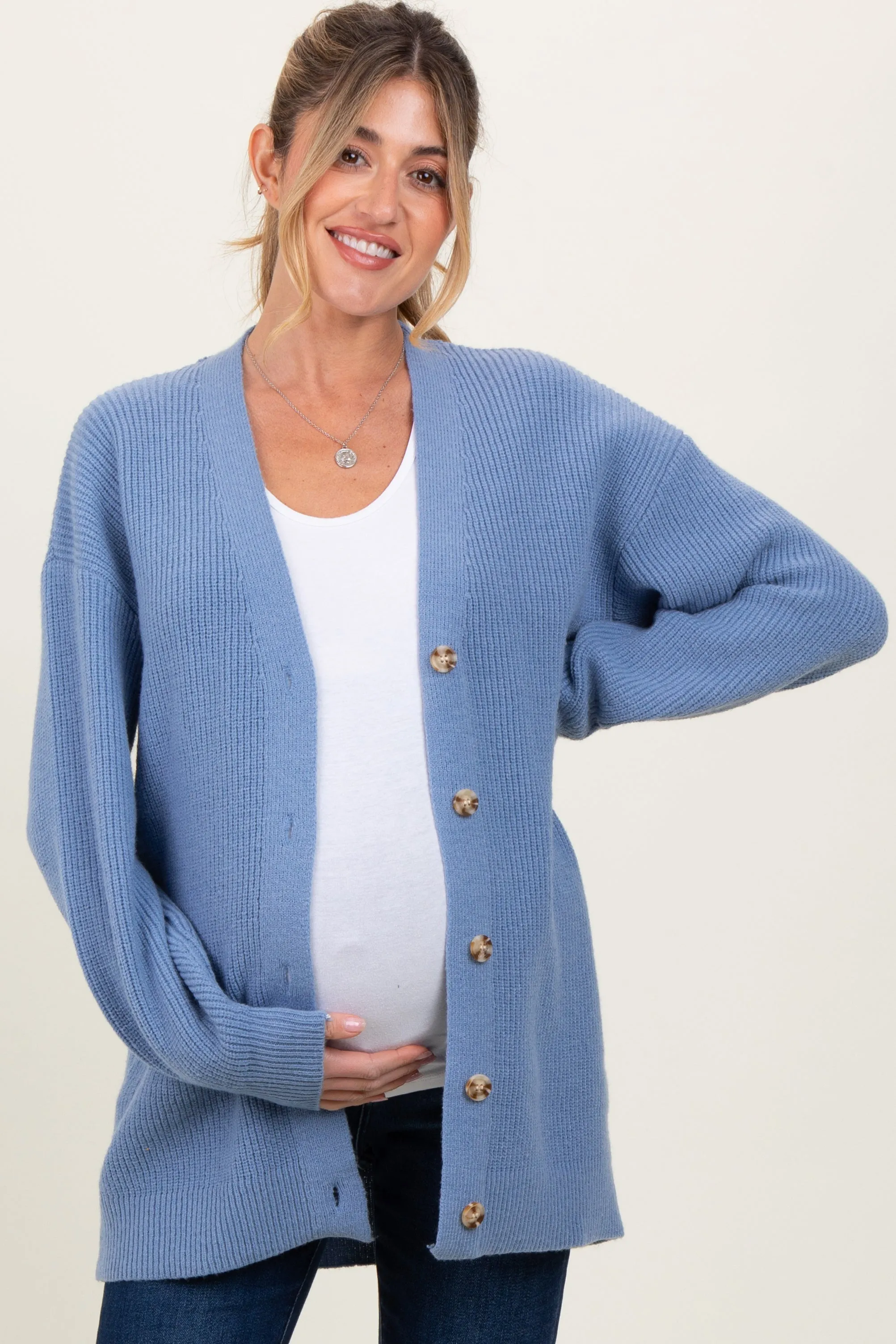 Blue Knit Oversized Button Down V-Neck Maternity Cardigan sold by Pinkblush product image thumbnail 2