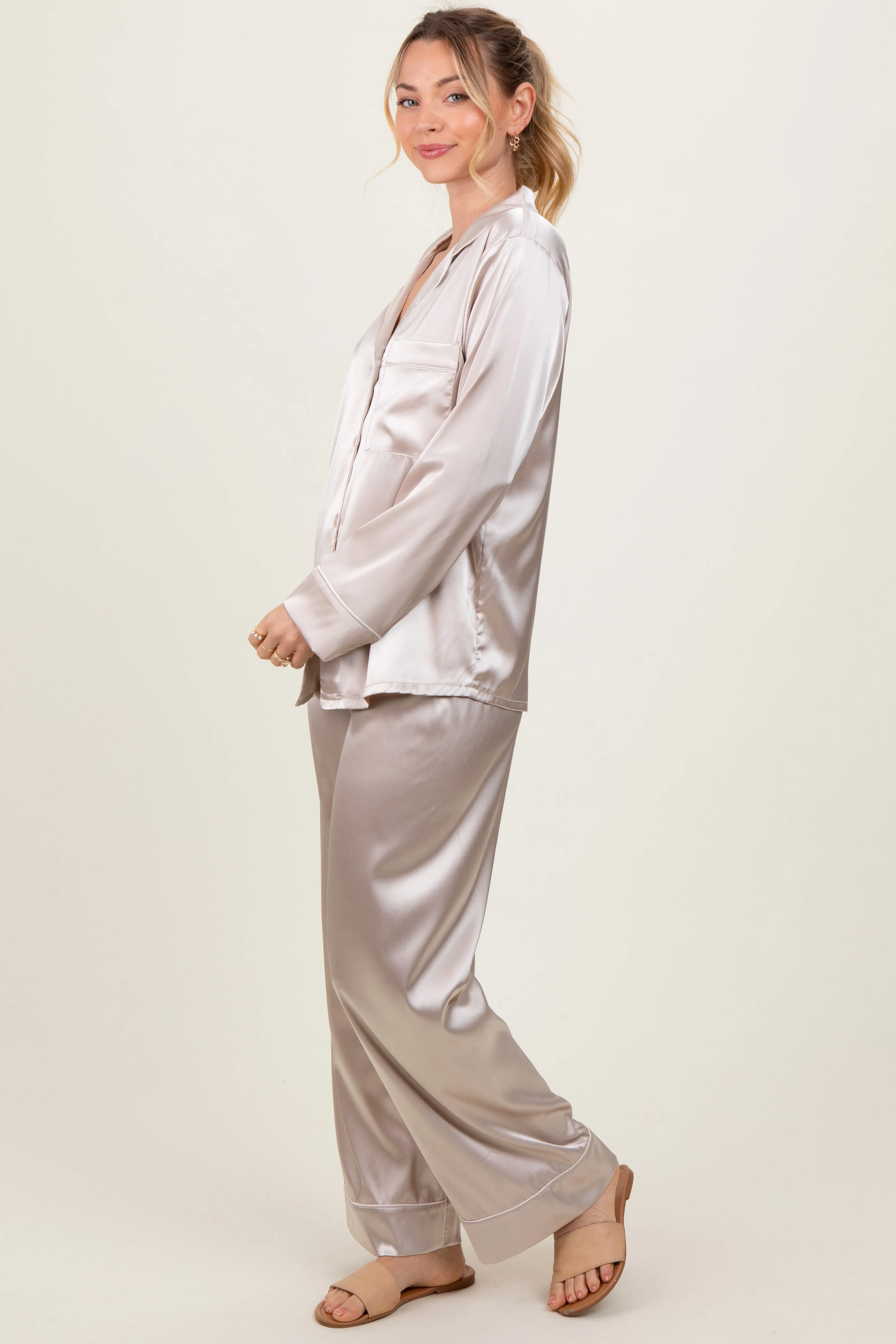 Cream Satin Contrast Trim Long Sleeve Pajama Set sold by Pinkblush product image thumbnail 3