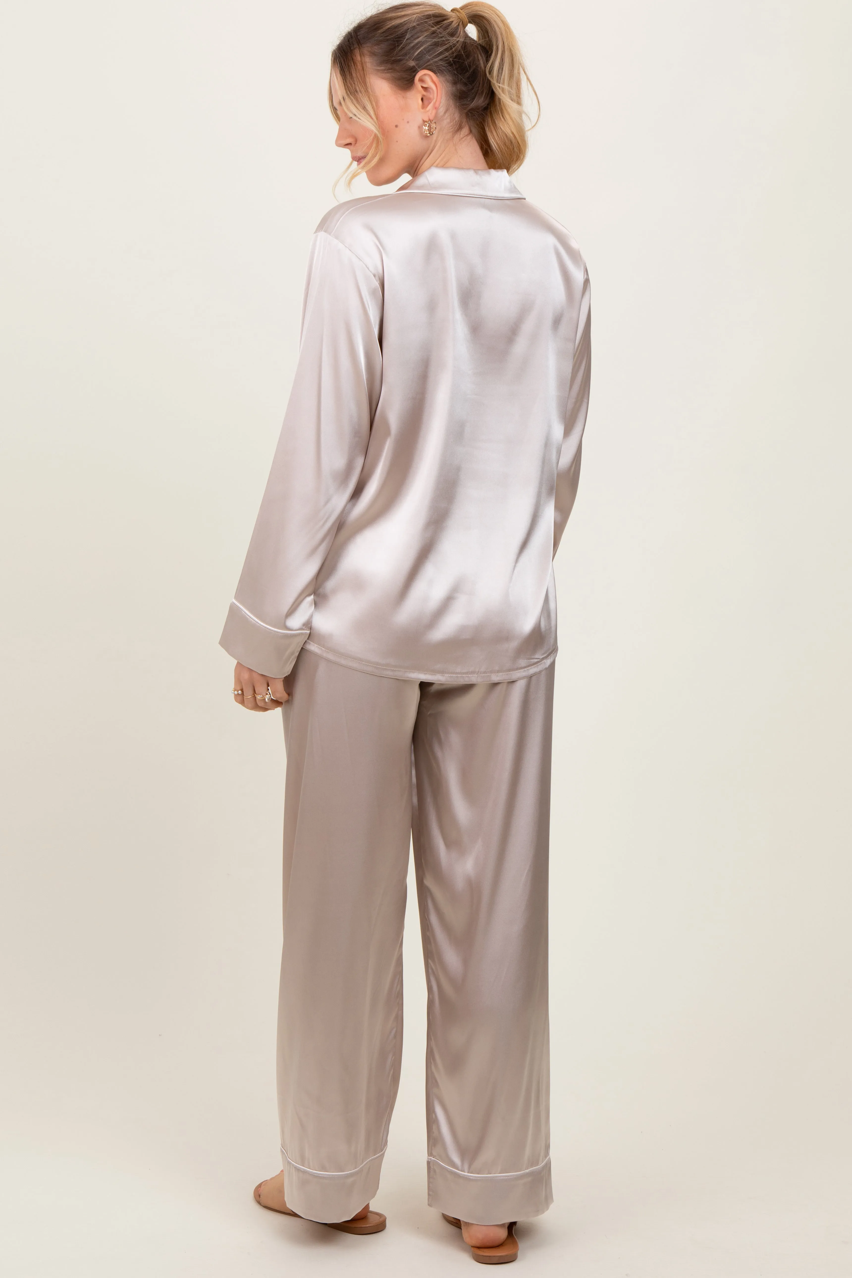 Cream Satin Contrast Trim Long Sleeve Pajama Set sold by Pinkblush product image thumbnail 4