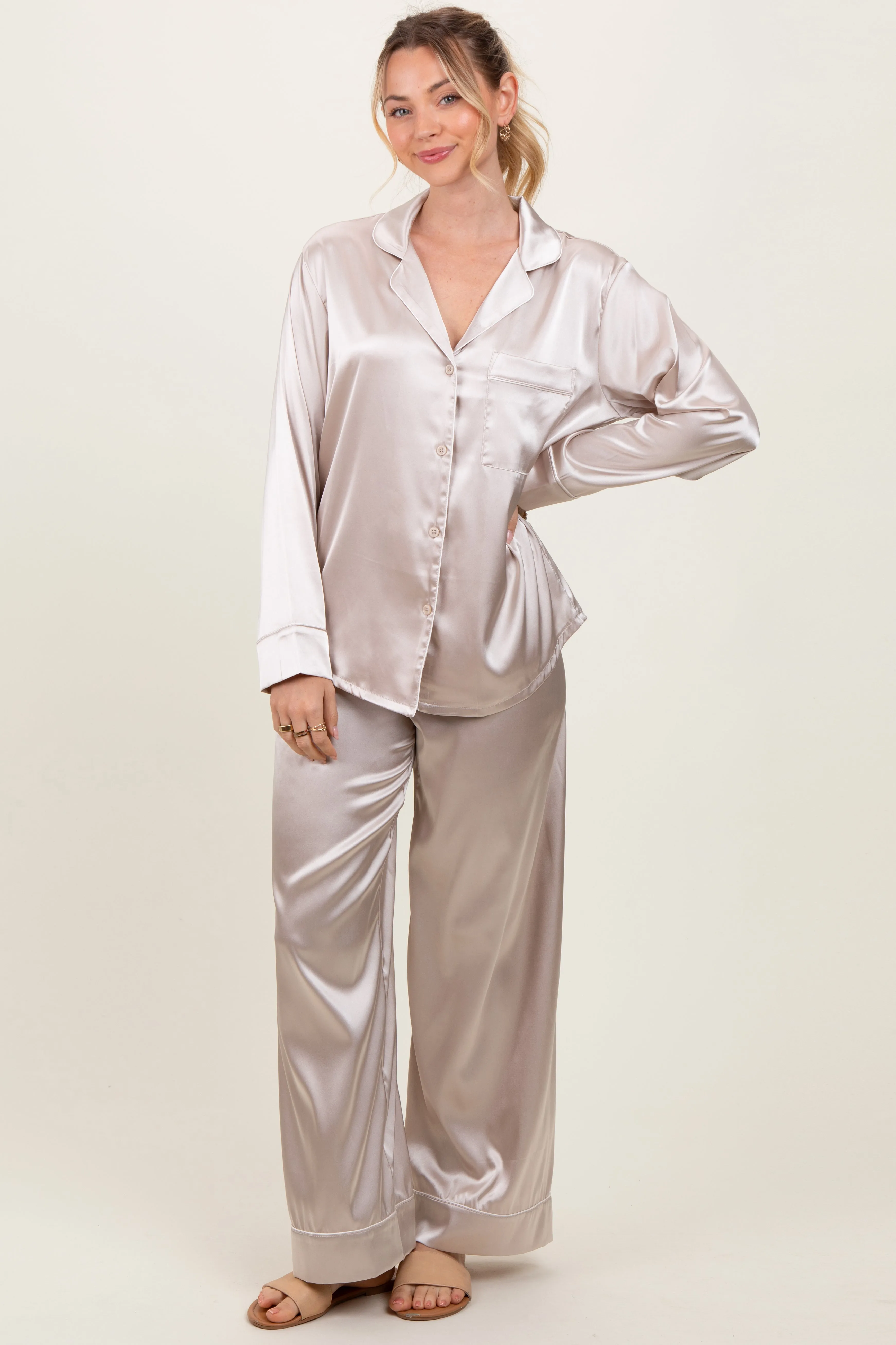 Cream Satin Contrast Trim Long Sleeve Pajama Set sold by Pinkblush