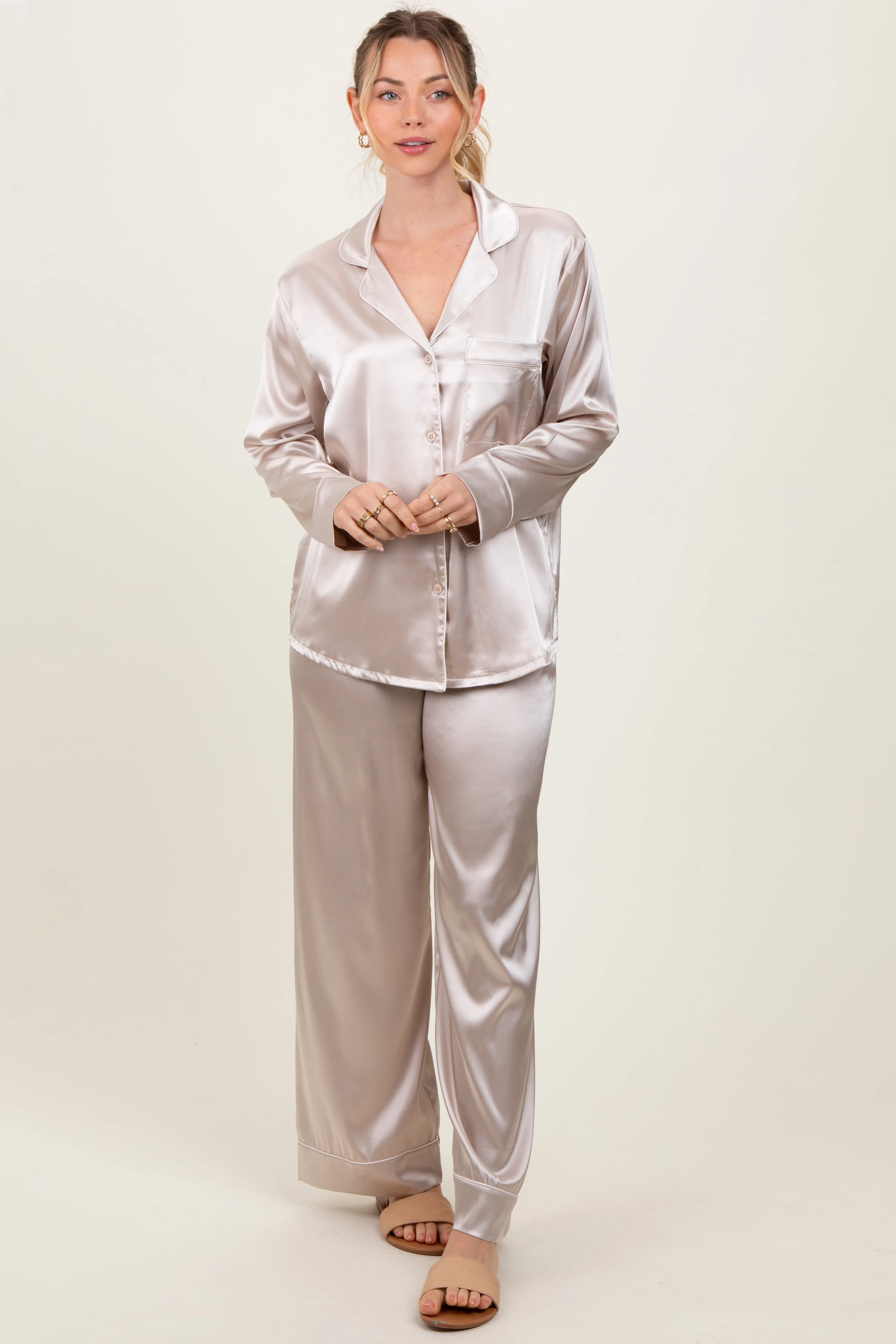 Cream Satin Contrast Trim Long Sleeve Pajama Set sold by Pinkblush product image thumbnail 2