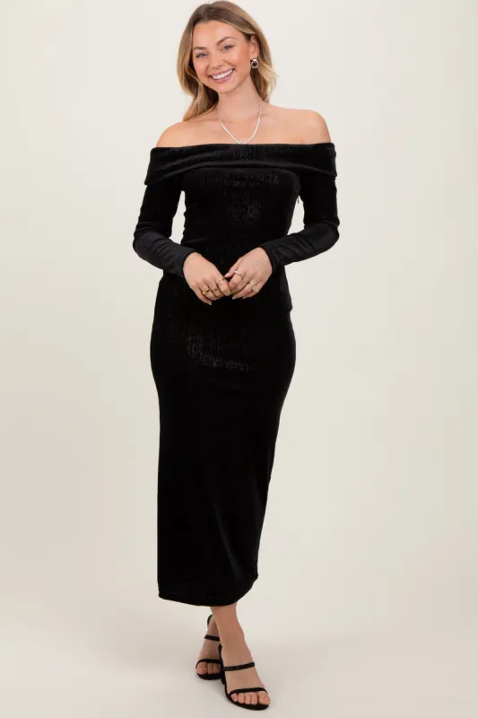 Black Shiny Velour Off Shoulder Midi Dress sold by Pinkblush
