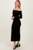 Black Shiny Velour Off Shoulder Midi Dress sold by Pinkblush