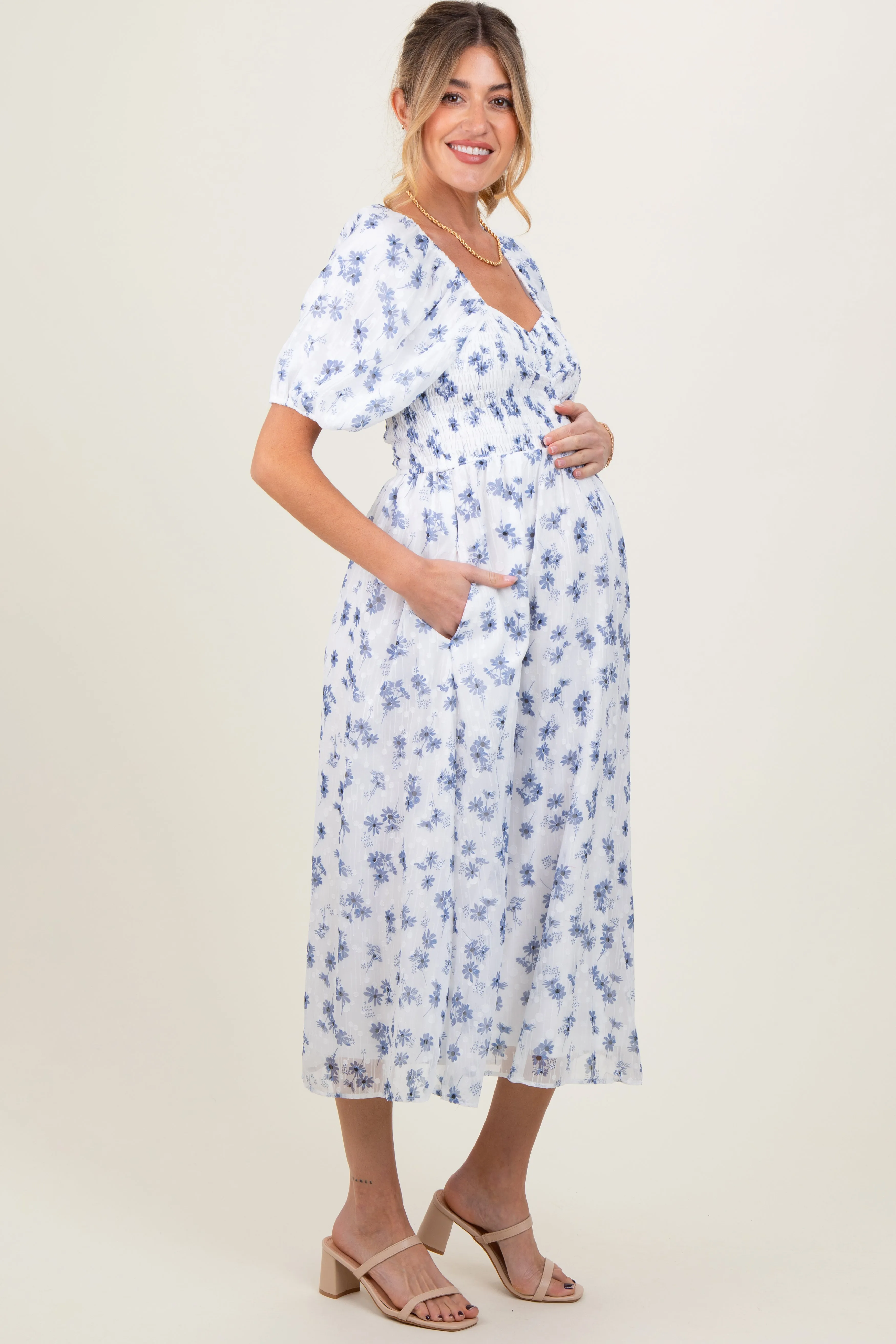 Blue Floral Smocked Bodice Maternity Midi Dress sold by Pinkblush product image thumbnail 3
