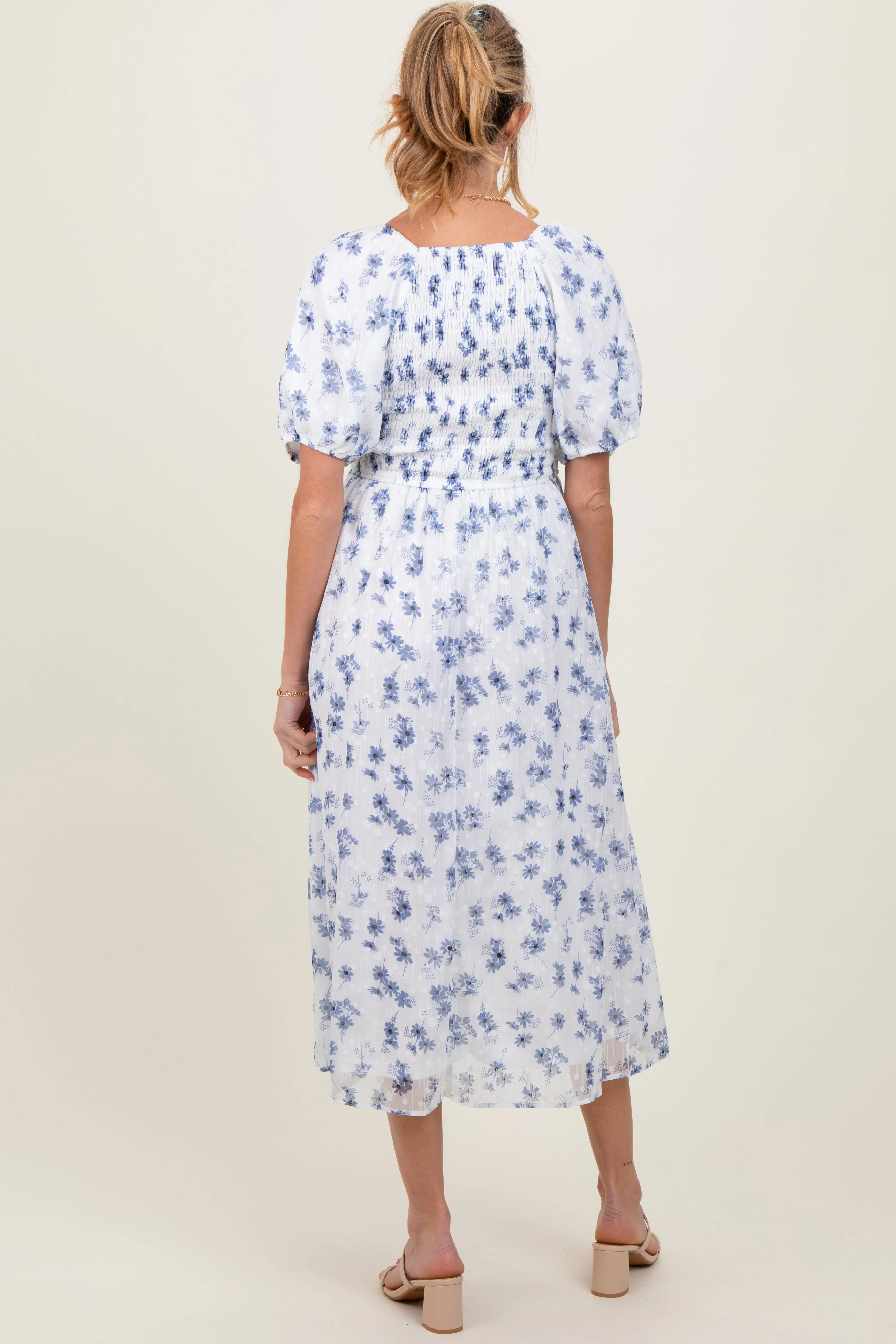 Blue Floral Smocked Bodice Maternity Midi Dress sold by Pinkblush product image thumbnail 4