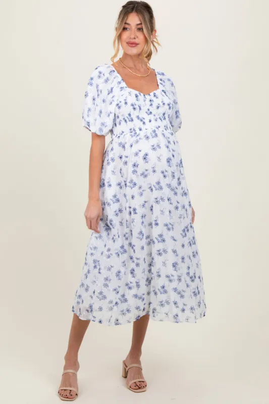 Blue Floral Smocked Bodice Maternity Midi Dress sold by Pinkblush