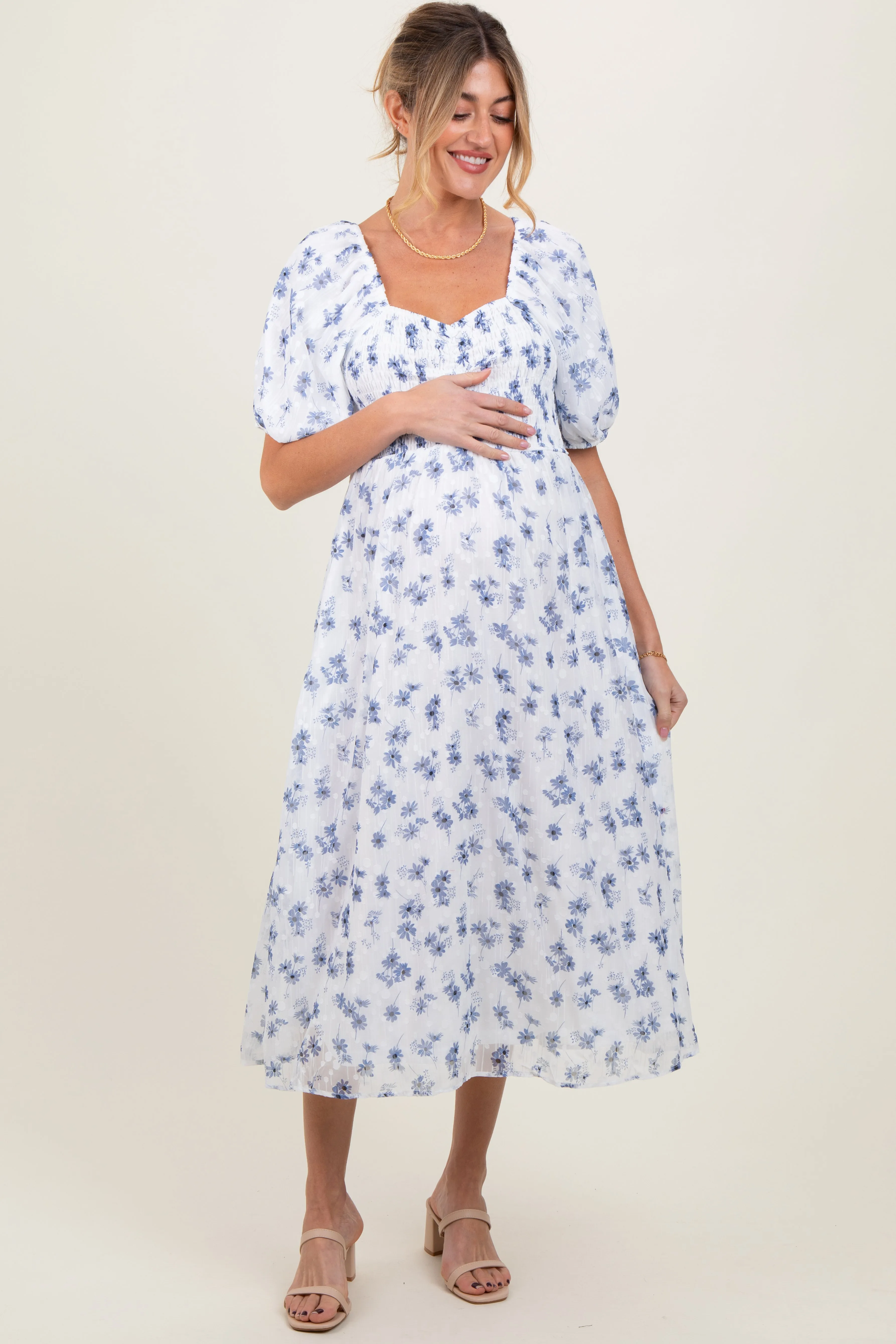 Blue Floral Smocked Bodice Maternity Midi Dress sold by Pinkblush product image thumbnail 2