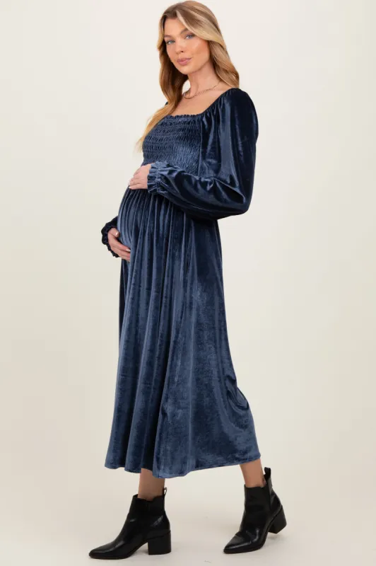 Navy Velvet Smocked Long Sleeve Maternity Maxi Dress sold by Pinkblush