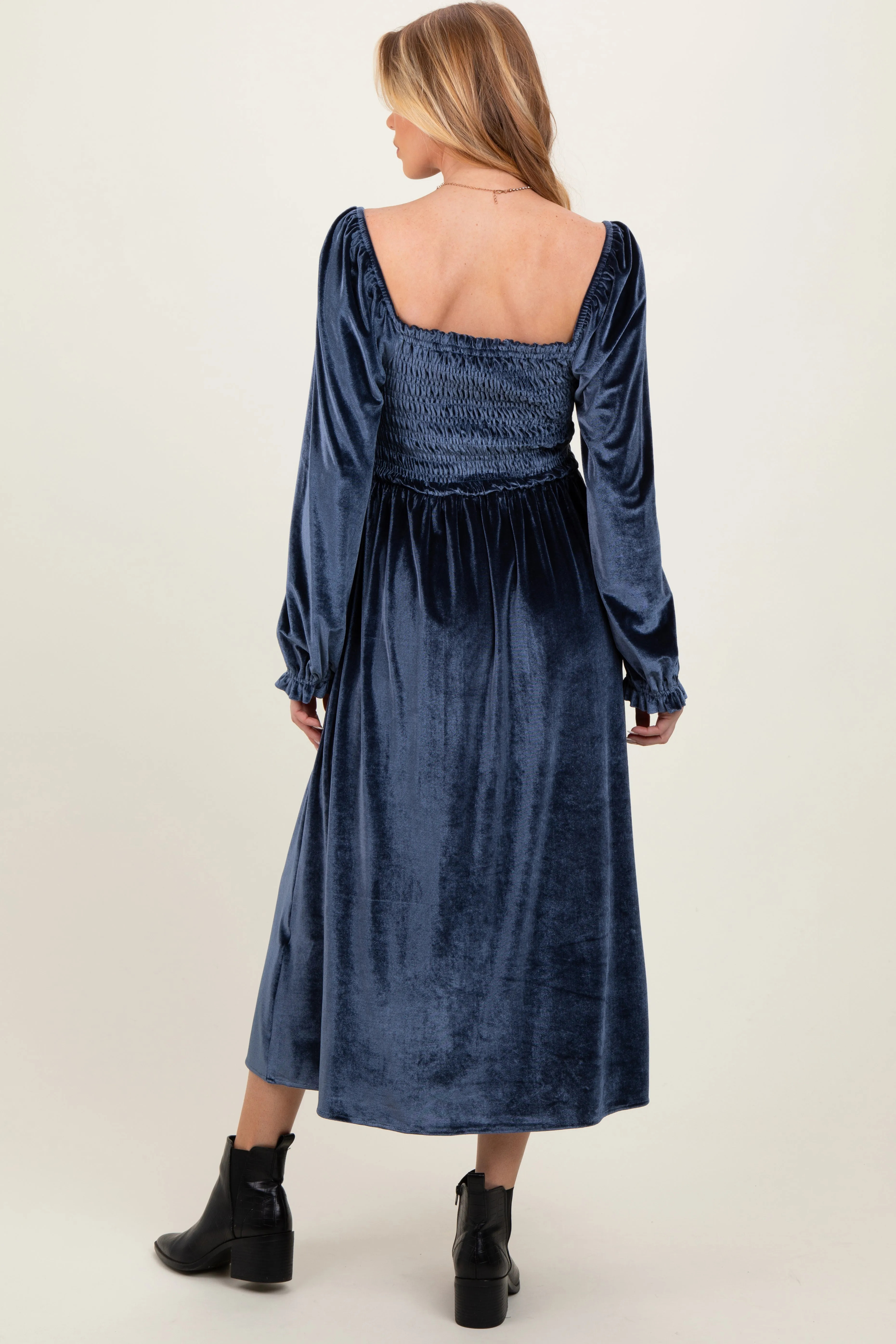 Navy Velvet Smocked Long Sleeve Maternity Maxi Dress sold by Pinkblush product image thumbnail 2