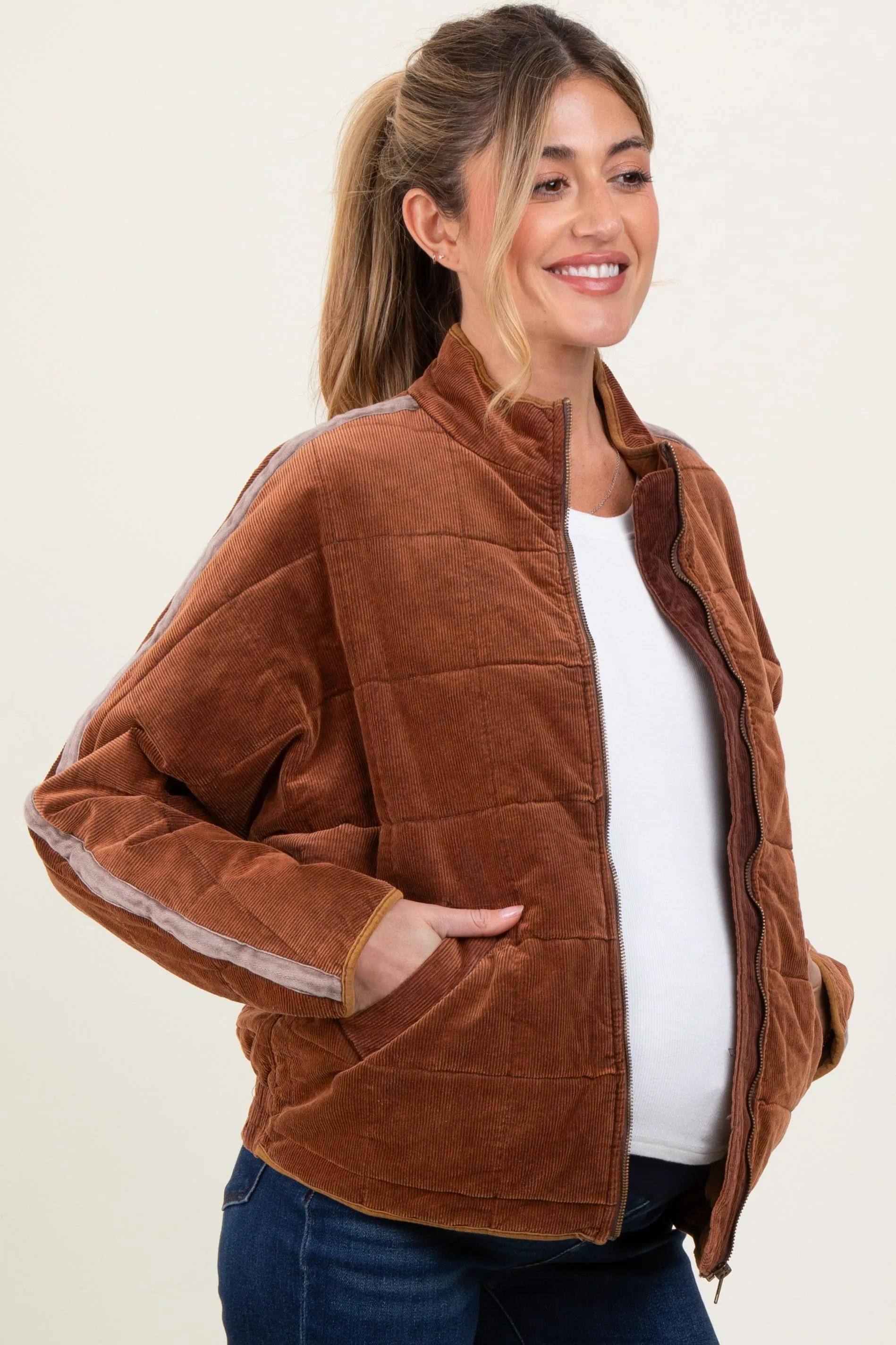 Brown Quilted Corduroy Maternity Puffer Jacket sold by Pinkblush product image thumbnail 3