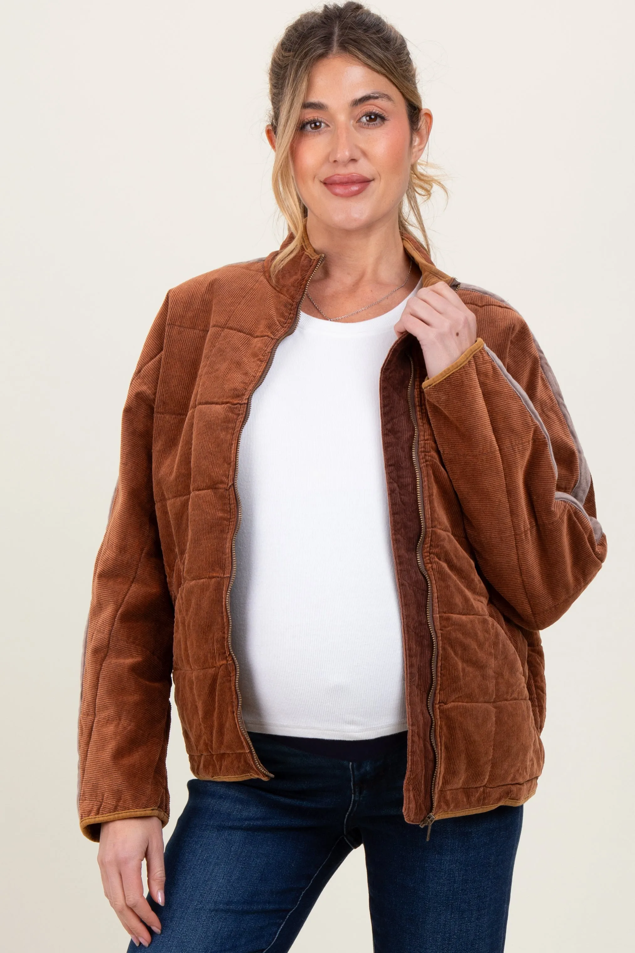 Brown Quilted Corduroy Maternity Puffer Jacket sold by Pinkblush