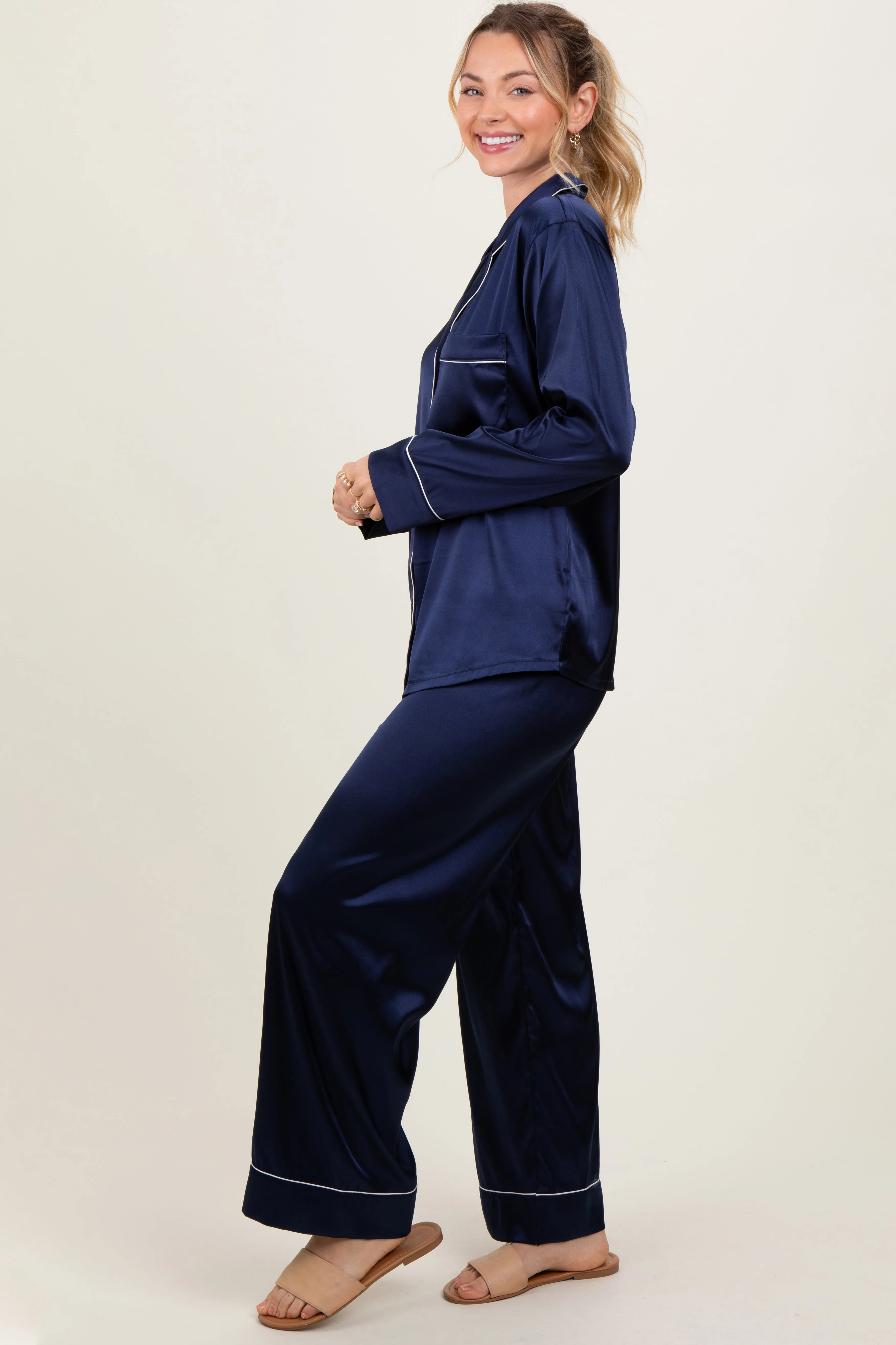 Navy Satin Contrast Trim Long Sleeve Pajama Set sold by Pinkblush product image thumbnail 3