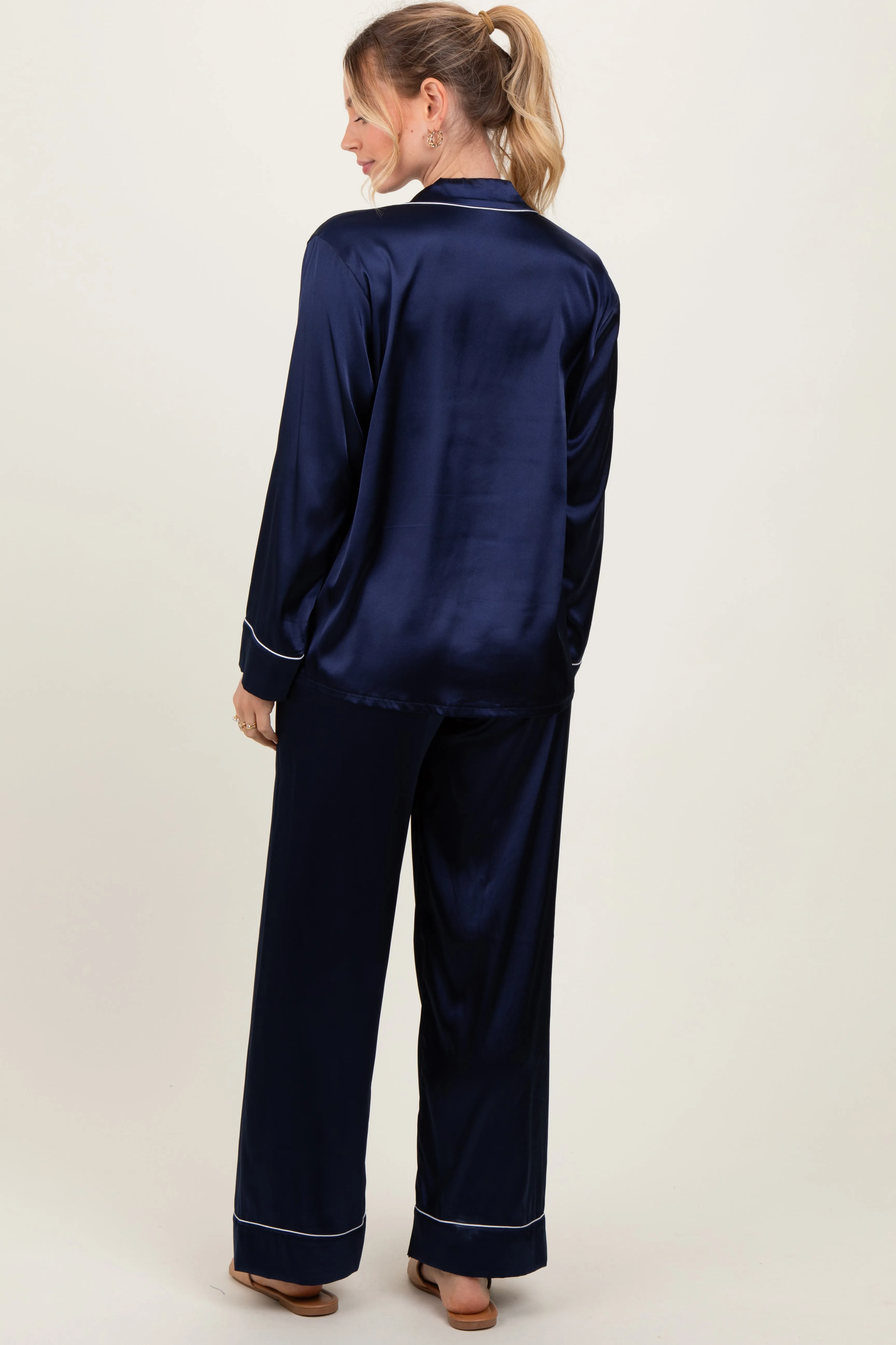 Navy Satin Contrast Trim Long Sleeve Pajama Set sold by Pinkblush product image thumbnail 4