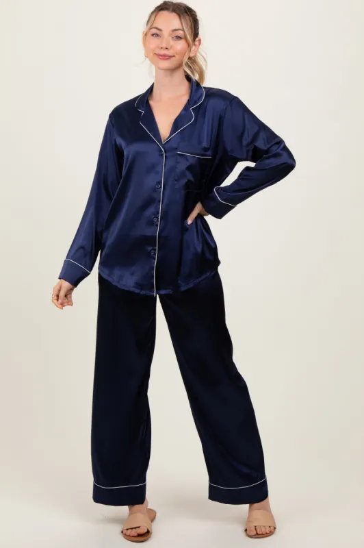 Navy Satin Contrast Trim Long Sleeve Pajama Set sold by Pinkblush