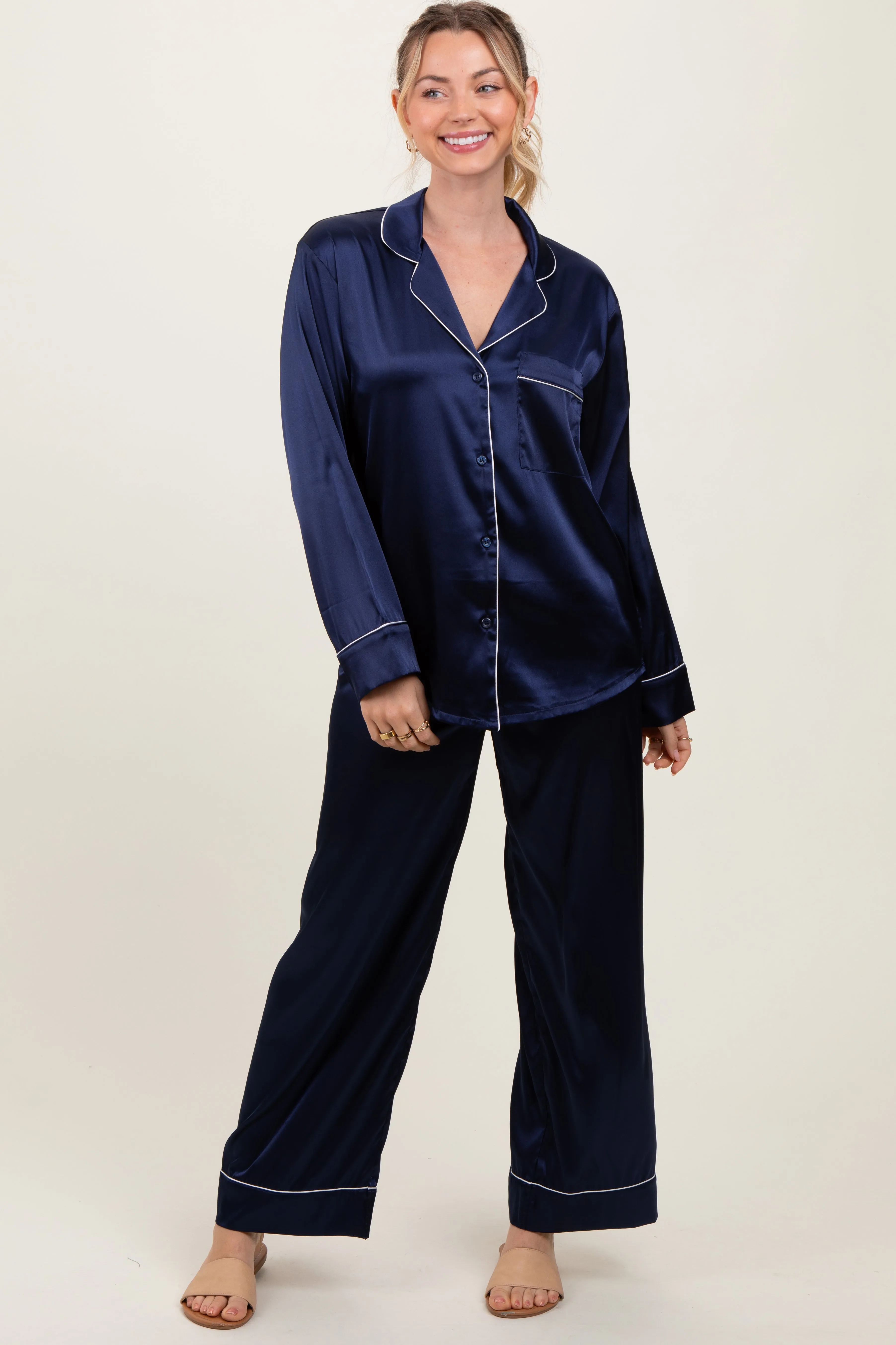 Navy Satin Contrast Trim Long Sleeve Pajama Set sold by Pinkblush product image thumbnail 2