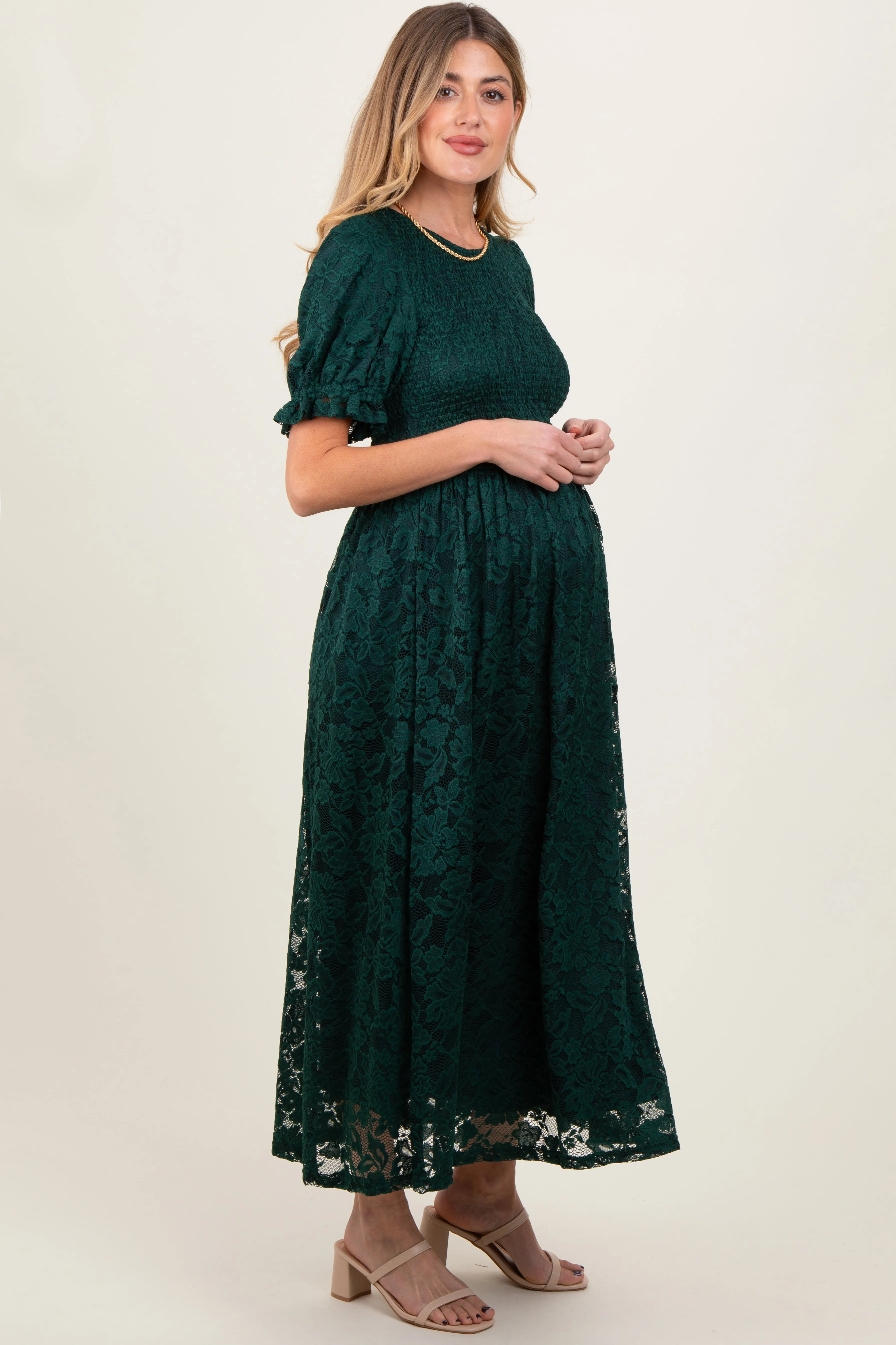 Forest Green Lace Smocked Short Sleeve Maternity Midi Dress sold by Pinkblush product image thumbnail 2